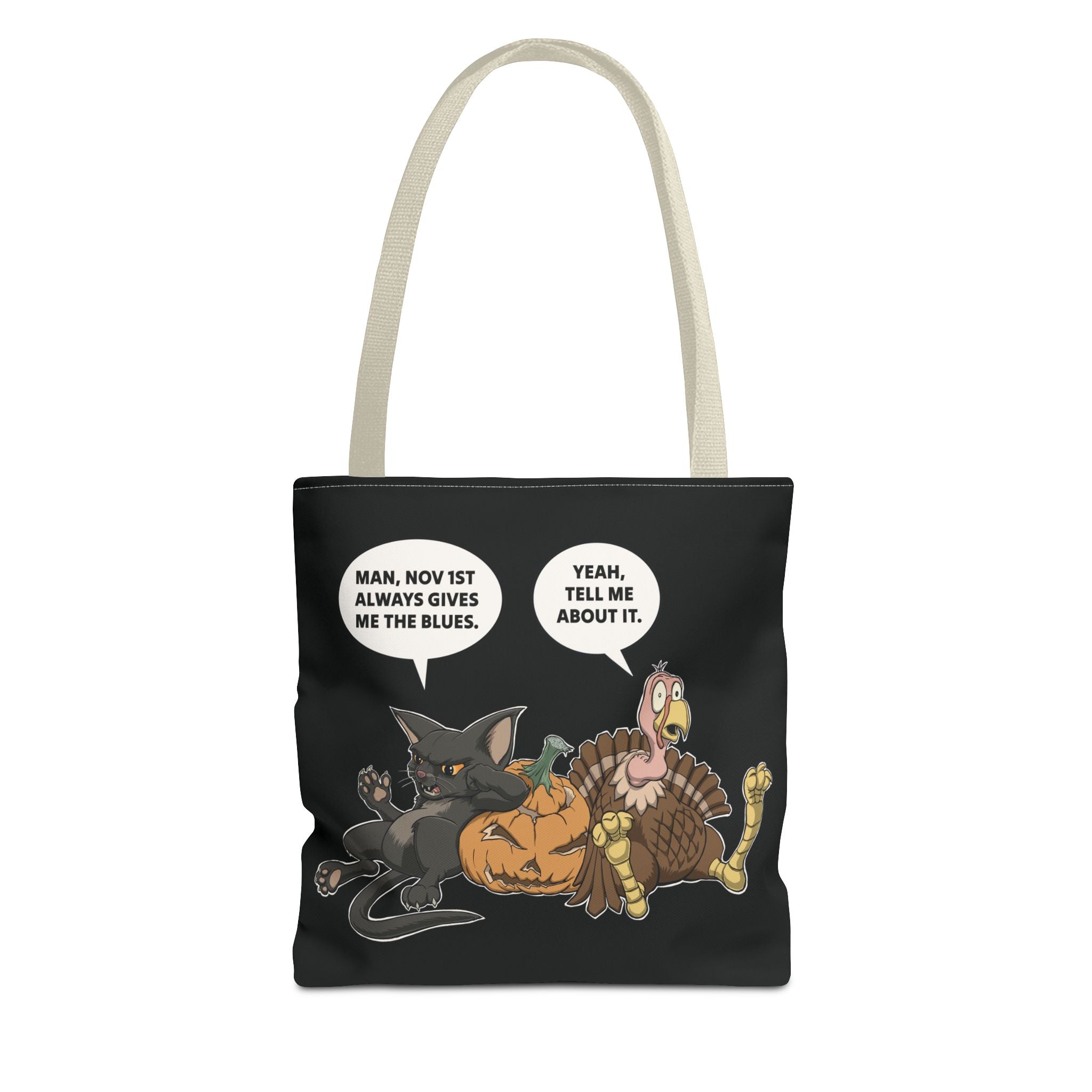 Cartoon Cat & Turkey Discuss the Holidays | Tote Bag | Funny Design Bag for Halloween Lovers