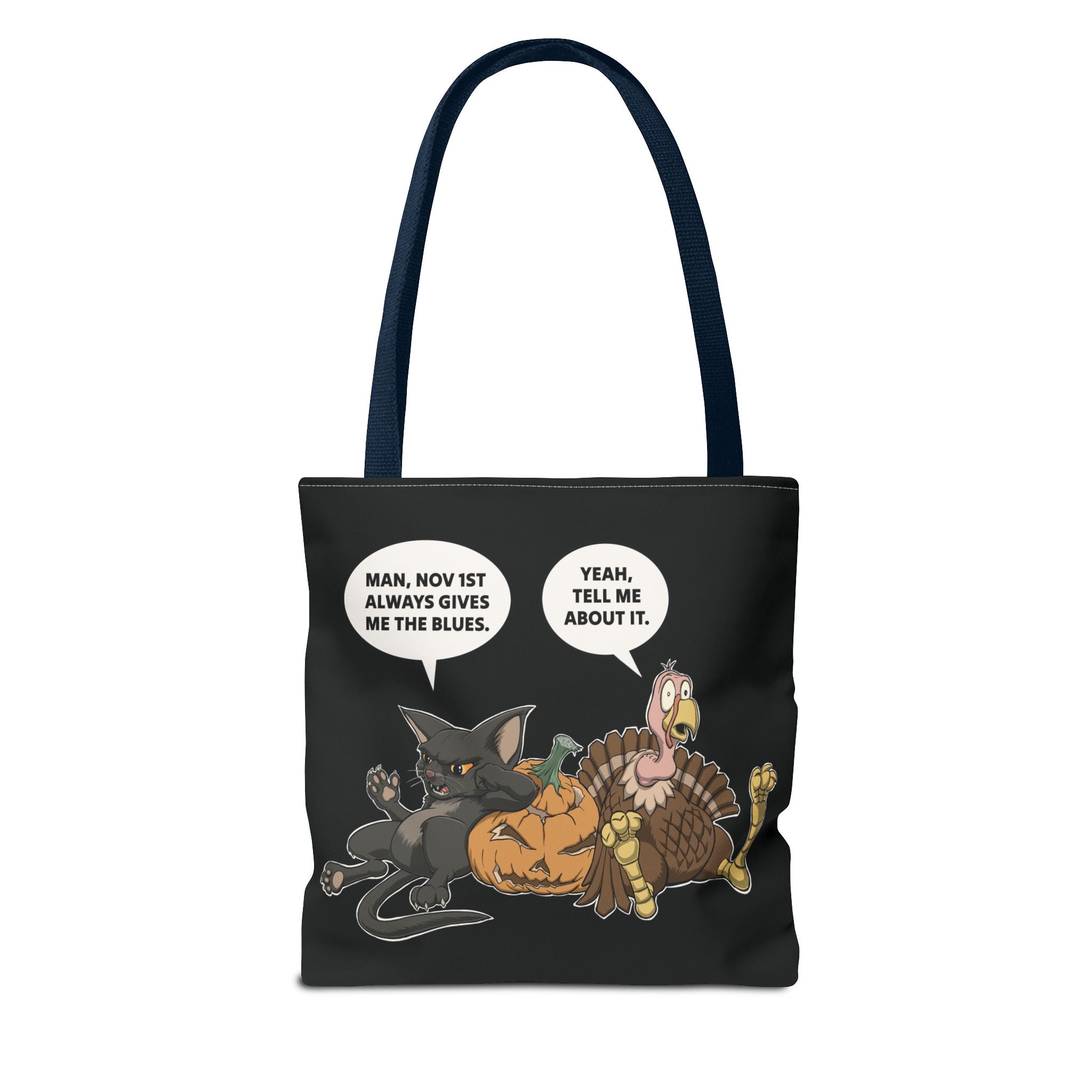 Cartoon Cat & Turkey Discuss the Holidays | Tote Bag | Funny Design Bag for Halloween Lovers