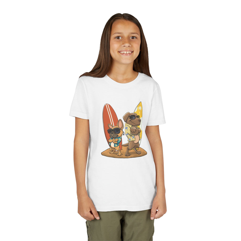 Surfer Dogs Kids T-Shirt | Funny Cartoon Dog Surfboard Tee for Boys & Girls