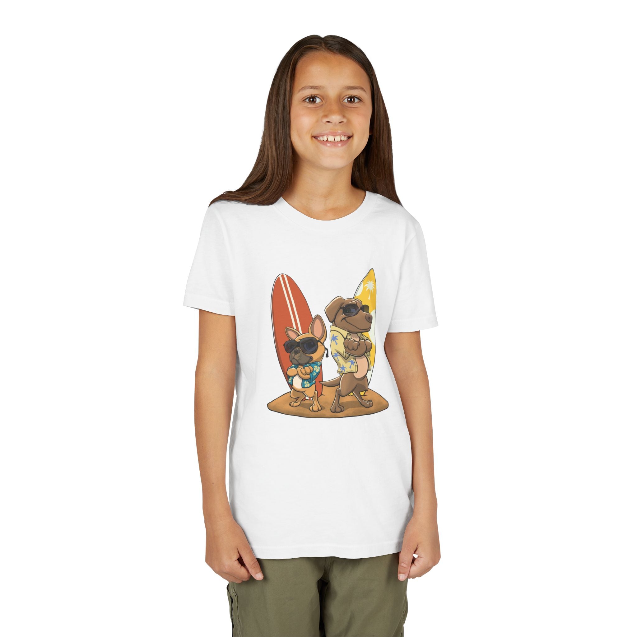 Surfer Dogs Kids T-Shirt | Funny Cartoon Dog Surfboard Tee for Boys & Girls