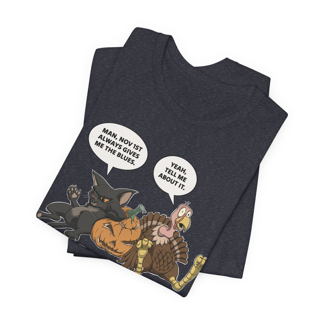 Cartoon Cat & Turkey Discuss the Holidays | T-Shirt | Funny Animal Tee for Men & Women