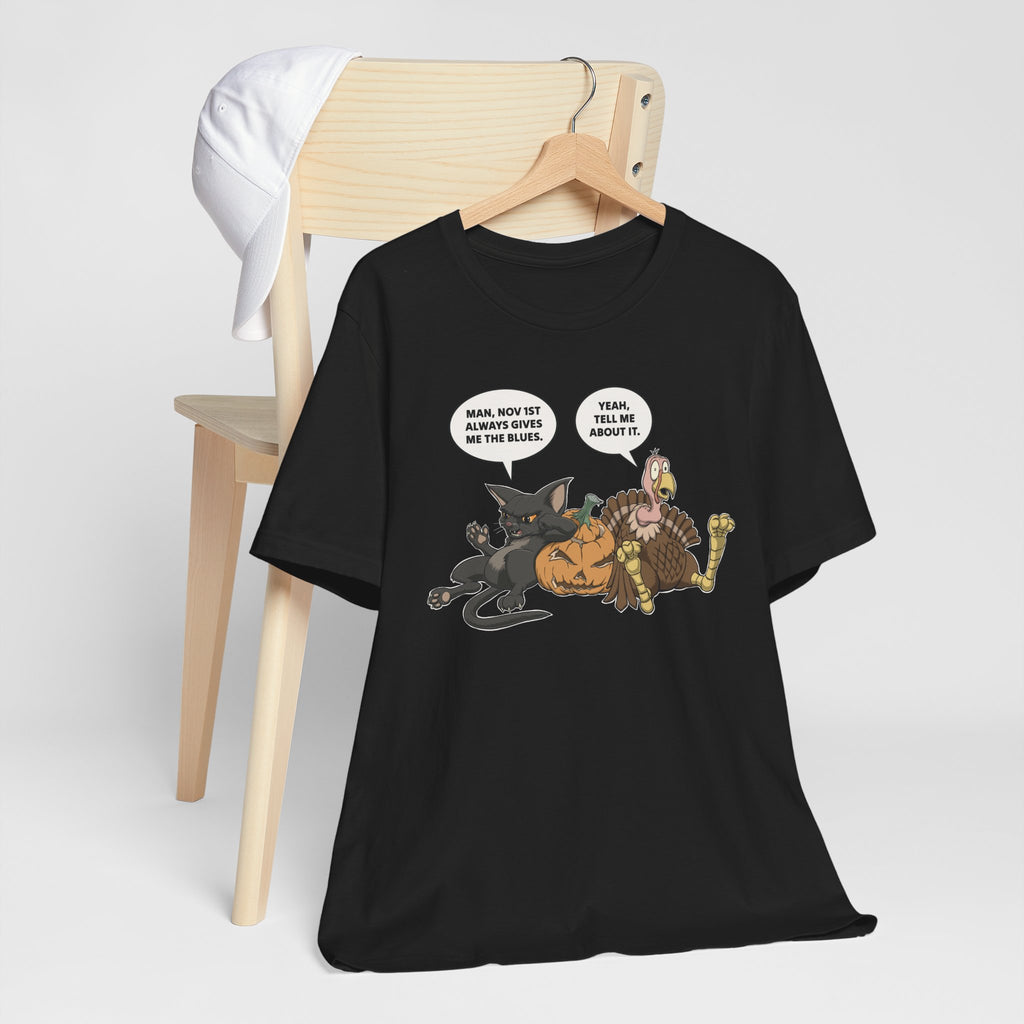 Cartoon Cat & Turkey Discuss the Holidays | T-Shirt | Funny Animal Tee for Men & Women