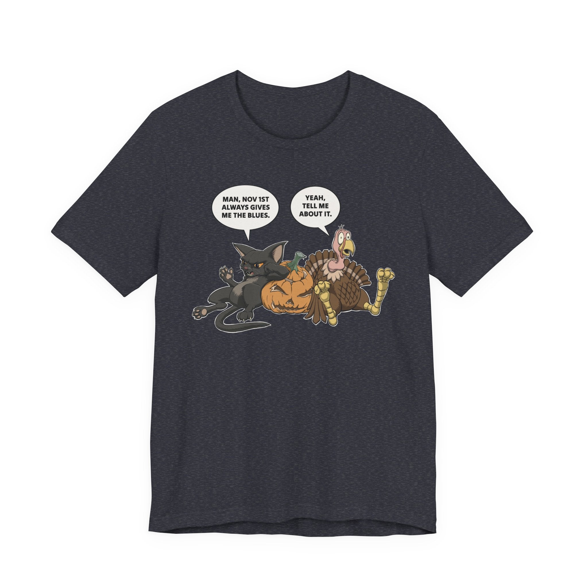 Cartoon Cat & Turkey Discuss the Holidays | T-Shirt | Funny Animal Tee for Men & Women