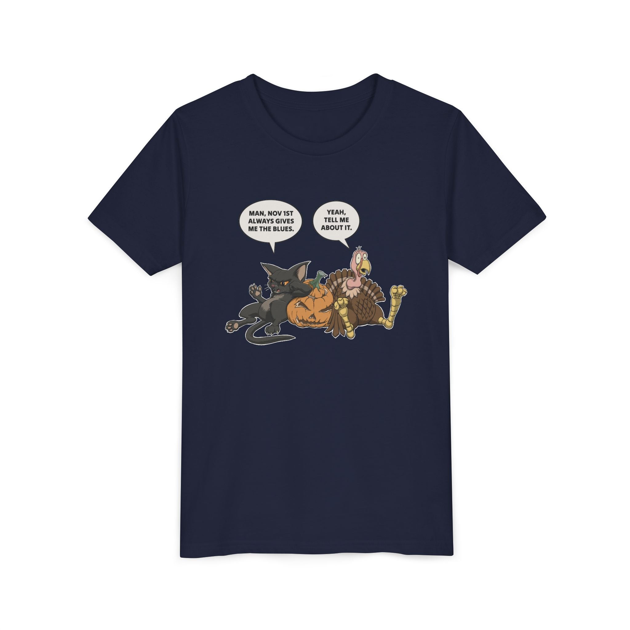 Cartoon Cat & Turkey Discuss the Holidays | Kids T-Shirt | Funny Animal Tee for Boys & Girls