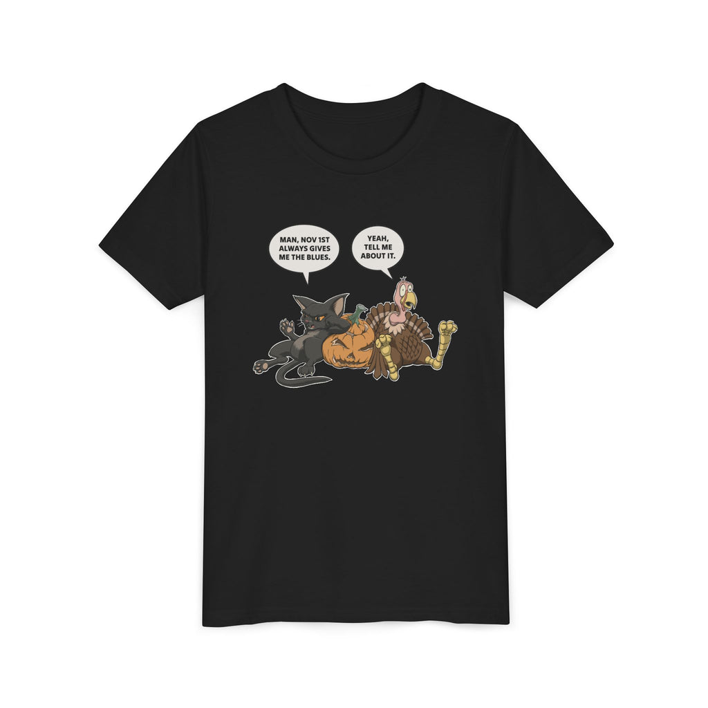 Cartoon Cat & Turkey Discuss the Holidays | Kids T-Shirt | Funny Animal Tee for Boys & Girls