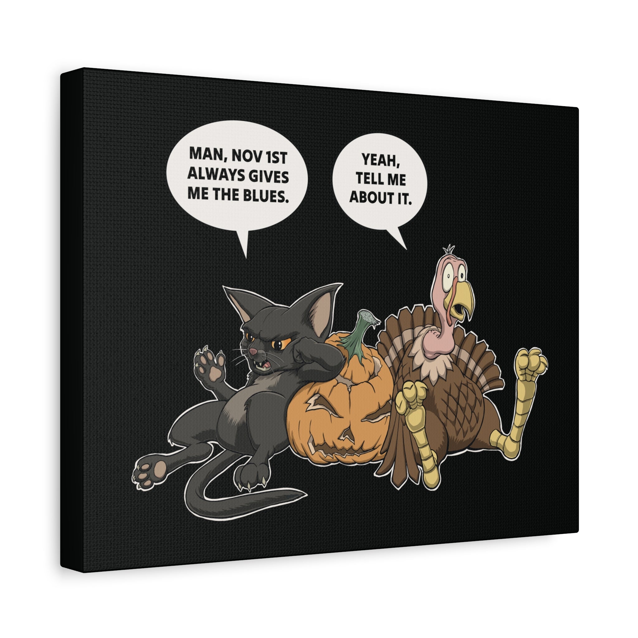 Cat & Turkey Discuss the Holidays | Funny Animal Canvas Print