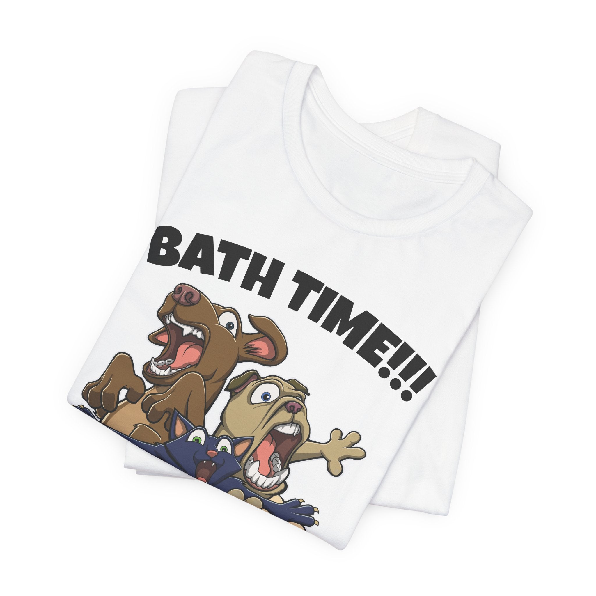 Funny Bath Time Cat & Dogs Cartoon | Unisex Jersey Short Sleeve Tee