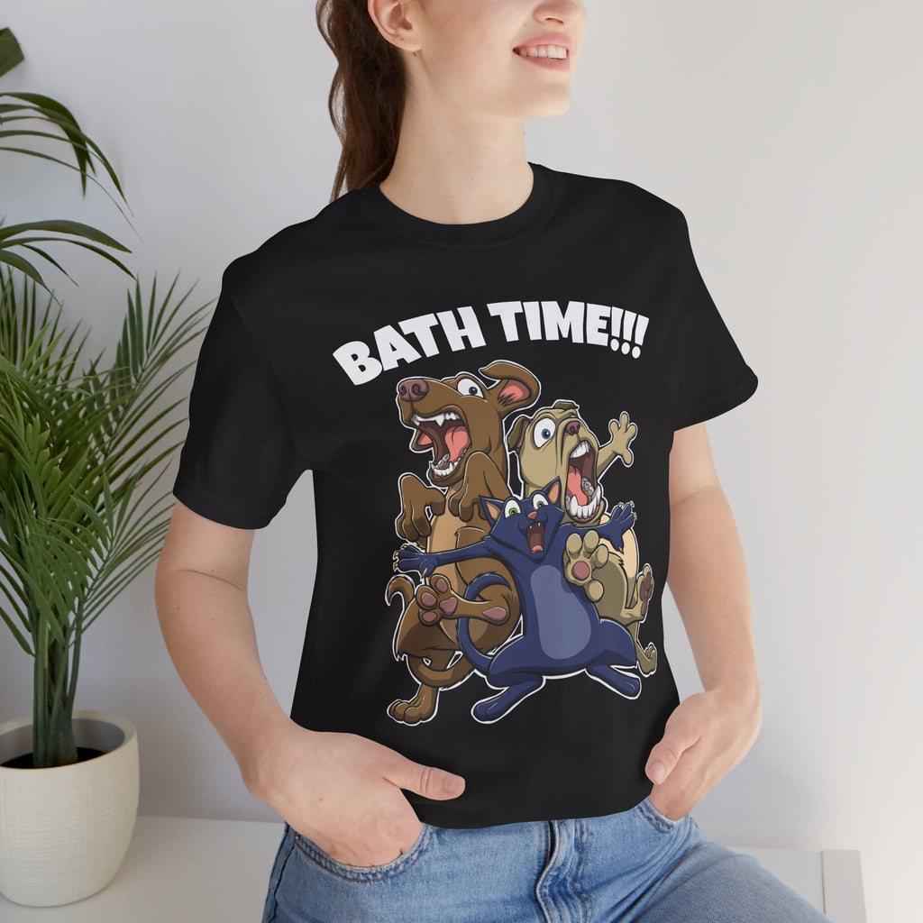 Funny Bath Time Cat & Dogs Cartoon | Unisex Jersey Short Sleeve Tee