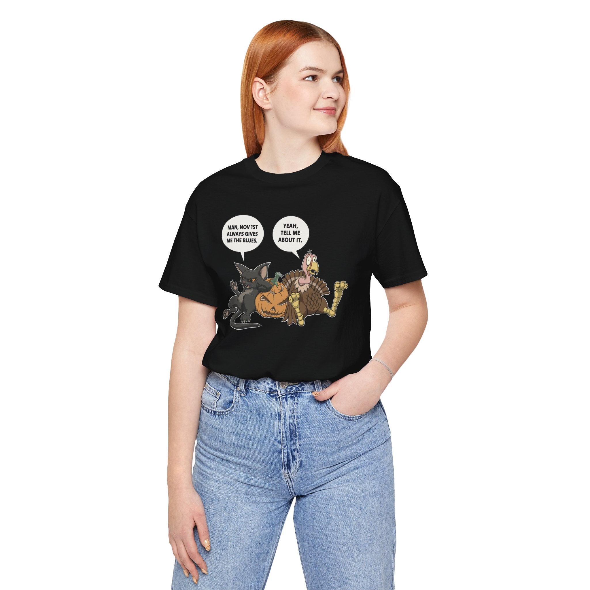 Cartoon Cat & Turkey Discuss the Holidays | T-Shirt | Funny Animal Tee for Men & Women