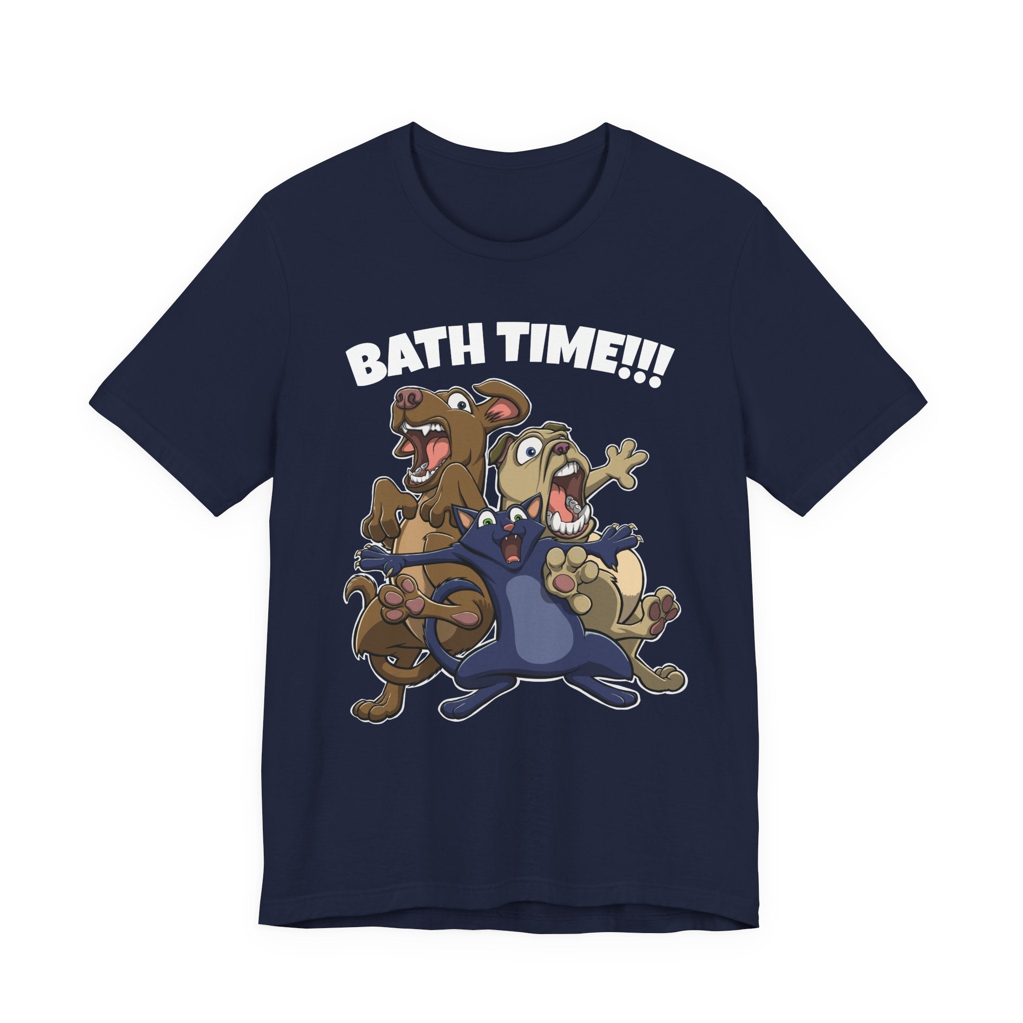 Funny Bath Time Cat & Dogs Cartoon | Unisex Jersey Short Sleeve Tee