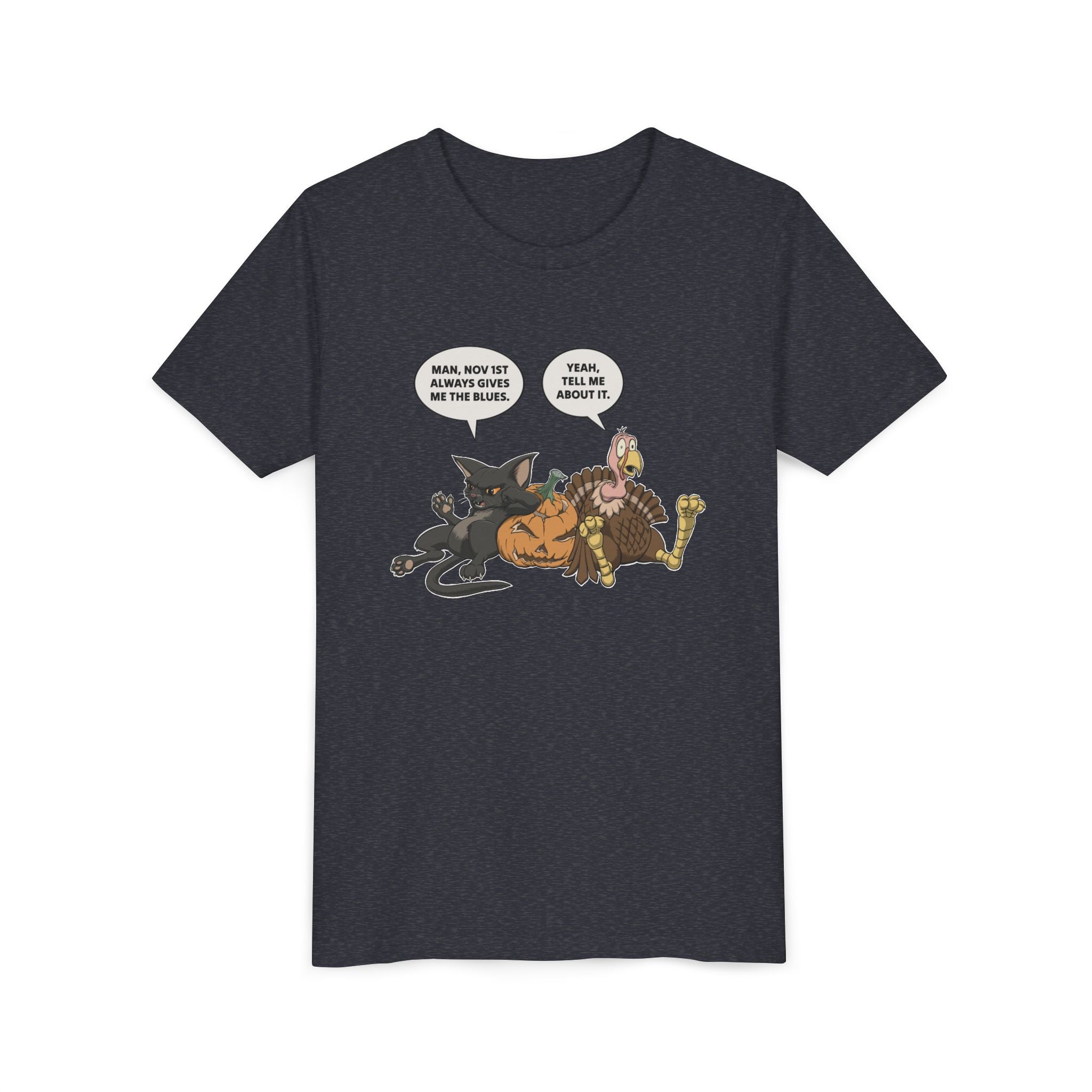 Cartoon Cat & Turkey Discuss the Holidays | Kids T-Shirt | Funny Animal Tee for Boys & Girls