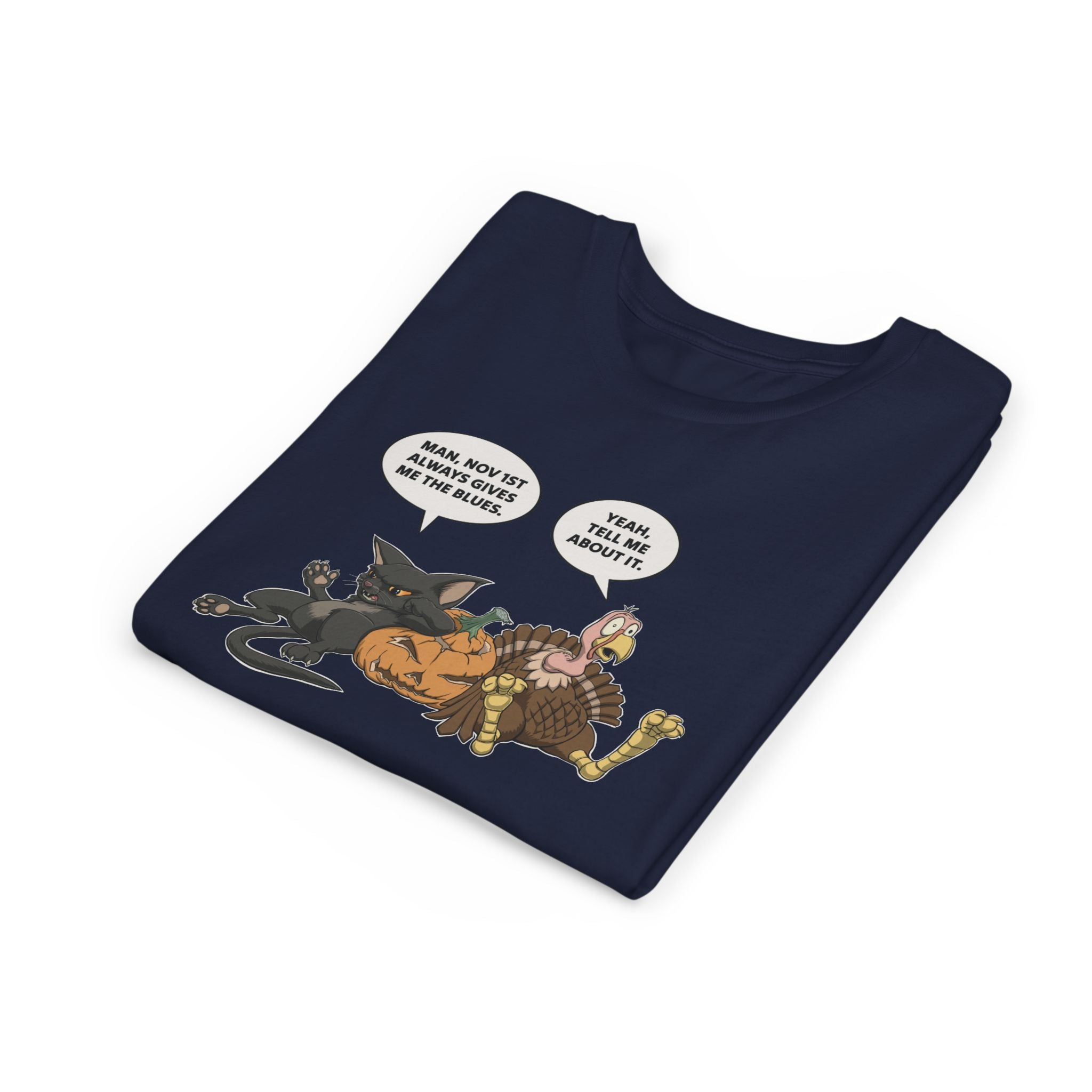 Cartoon Cat & Turkey Discuss the Holidays | Kids T-Shirt | Funny Animal Tee for Boys & Girls