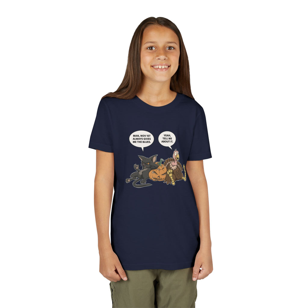 Cartoon Cat & Turkey Discuss the Holidays | Kids T-Shirt | Funny Animal Tee for Boys & Girls