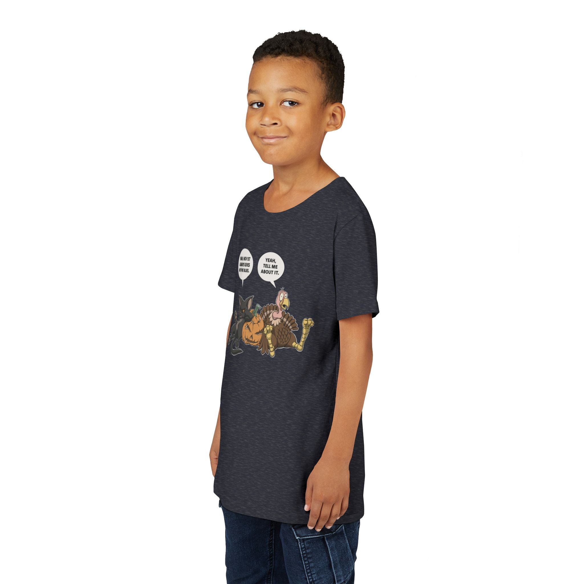 Cartoon Cat & Turkey Discuss the Holidays | Kids T-Shirt | Funny Animal Tee for Boys & Girls
