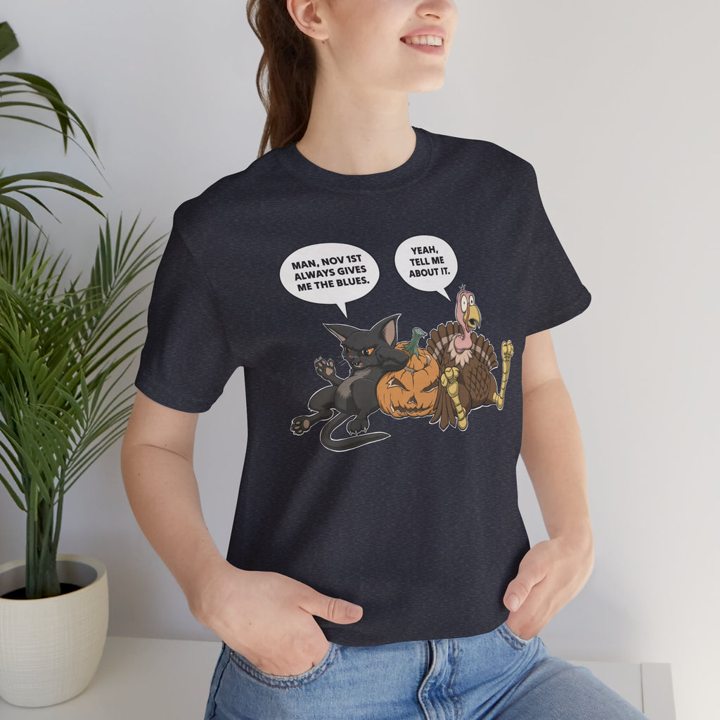 Cartoon Cat & Turkey Discuss the Holidays | T-Shirt | Funny Animal Tee for Men & Women