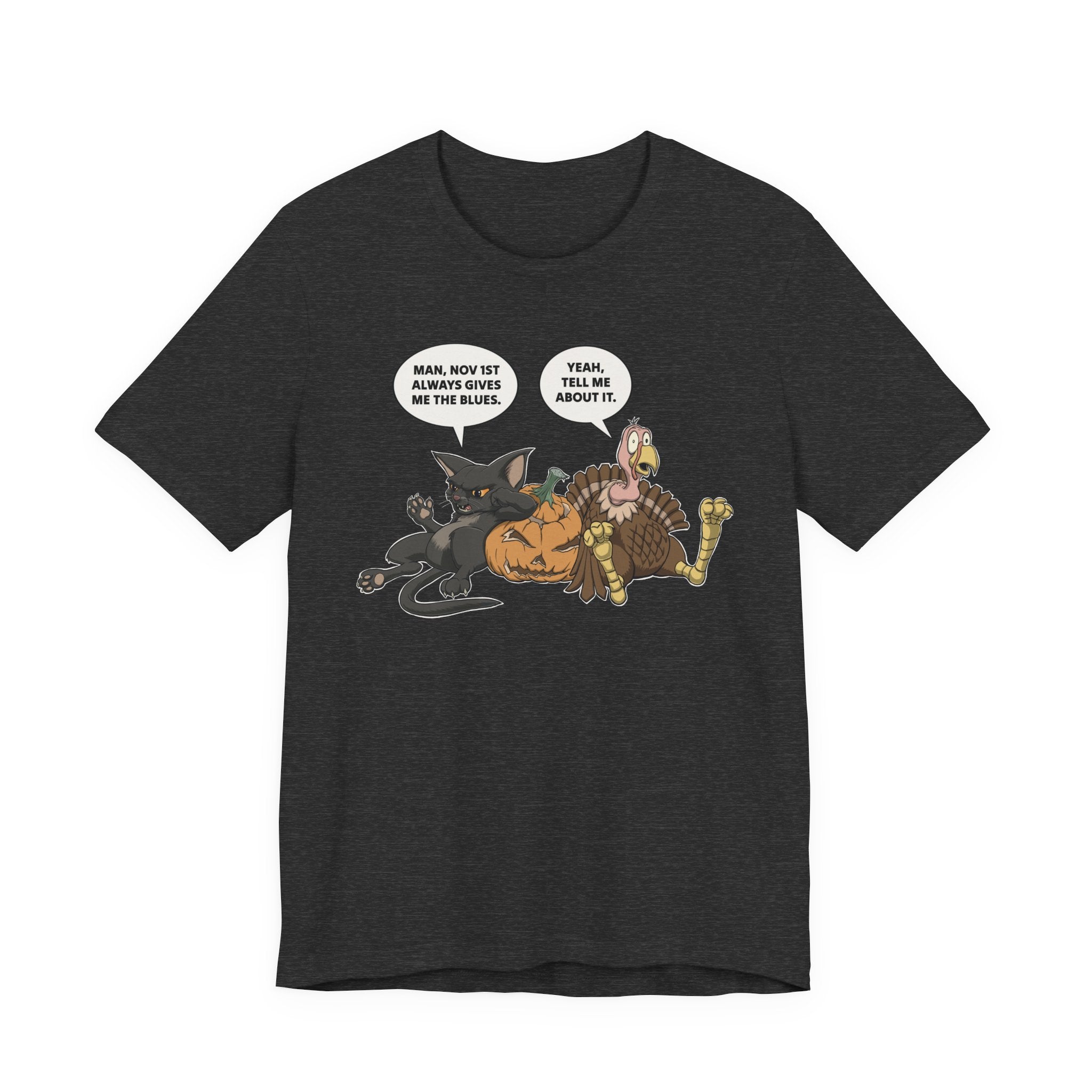 Cartoon Cat & Turkey Discuss the Holidays | T-Shirt | Funny Animal Tee for Men & Women