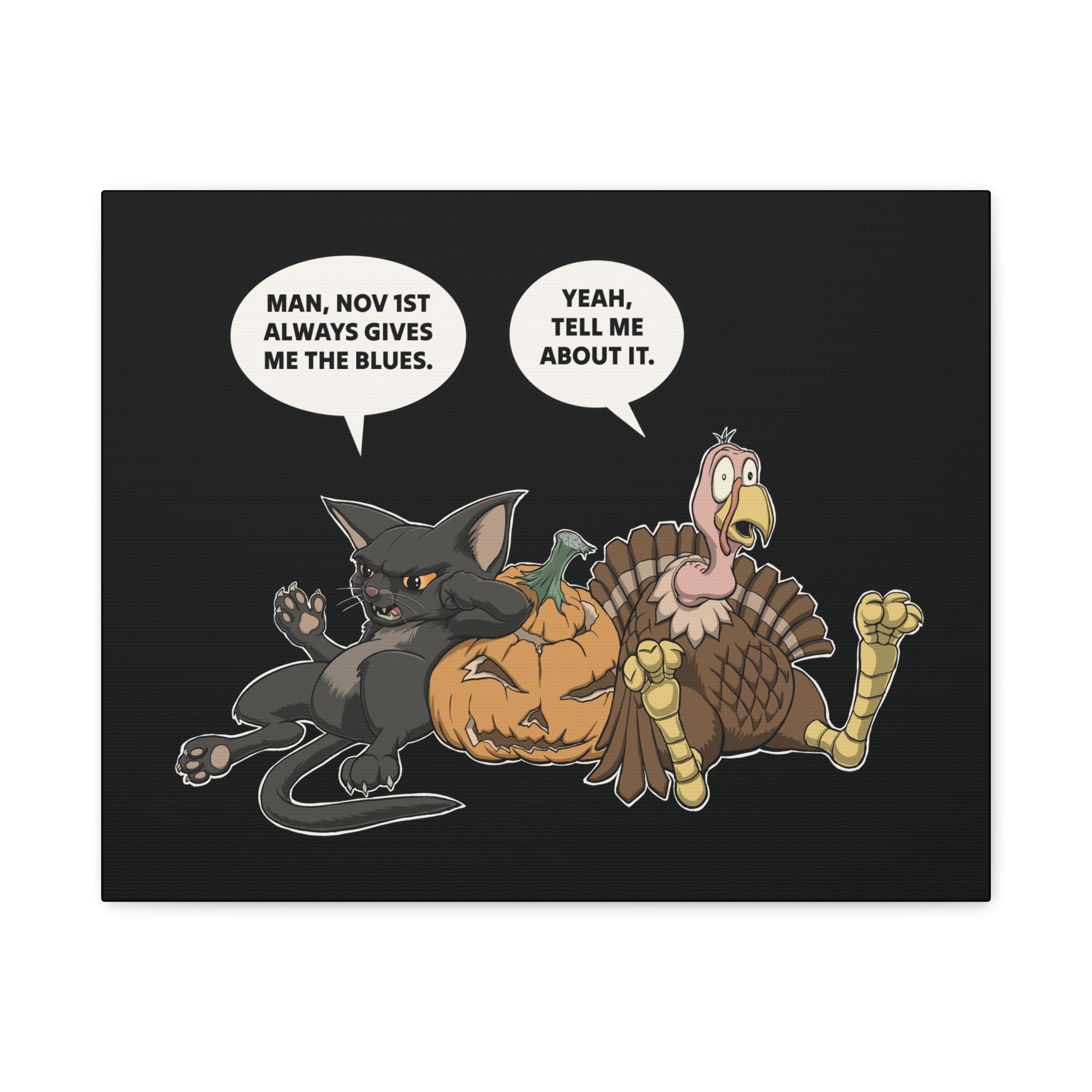 Cat & Turkey Discuss the Holidays | Funny Animal Canvas Print