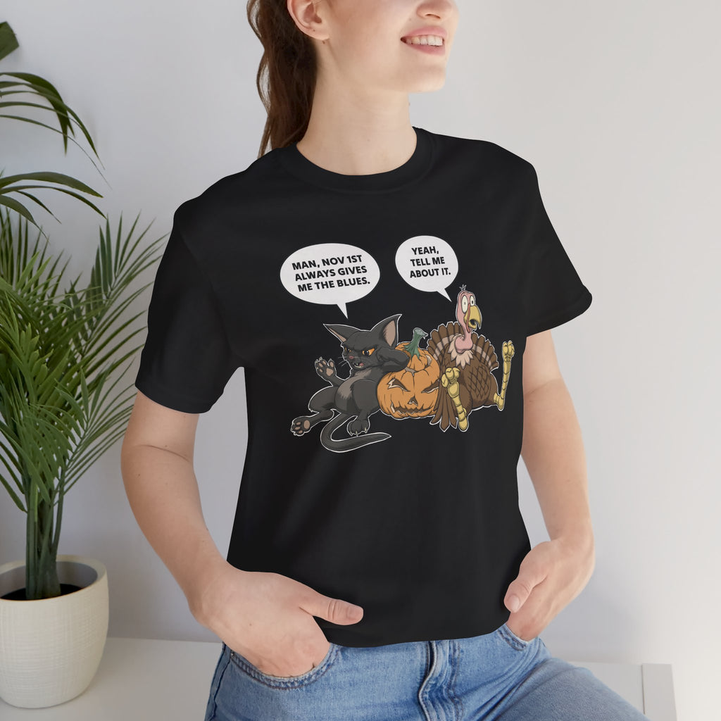 Cartoon Cat & Turkey Discuss the Holidays | T-Shirt | Funny Animal Tee for Men & Women