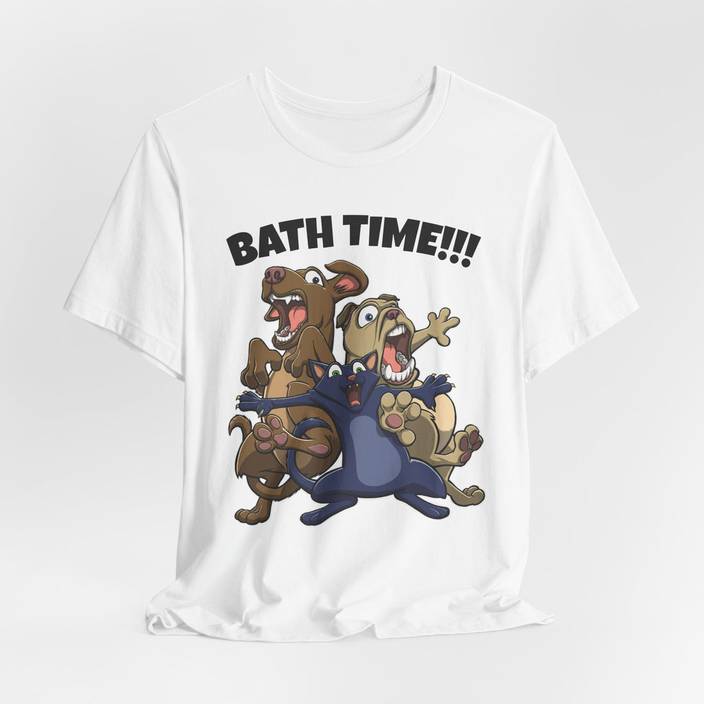 Funny Bath Time Cat & Dogs Cartoon | Unisex Jersey Short Sleeve Tee