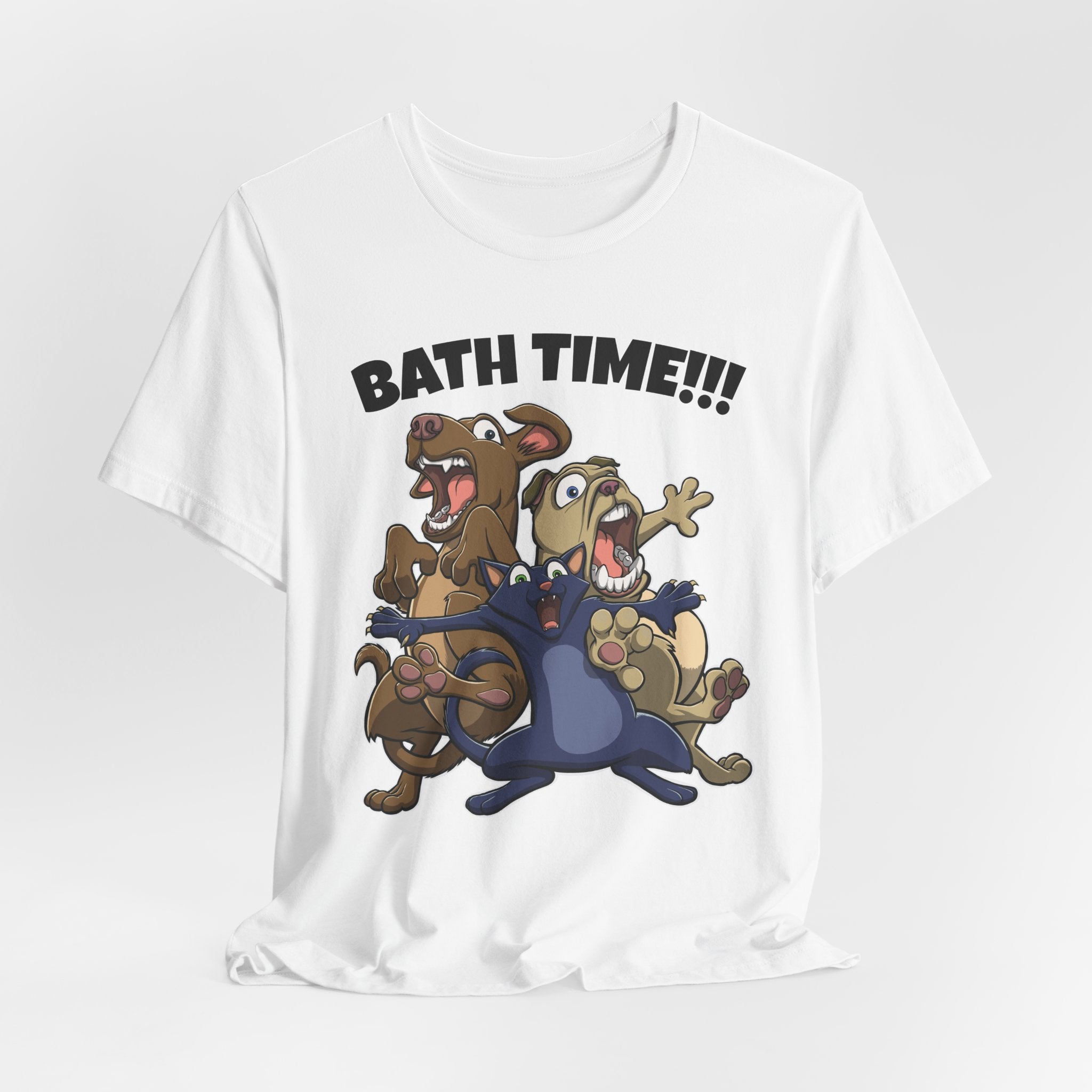Funny Bath Time Cat & Dogs Cartoon | Unisex Jersey Short Sleeve Tee