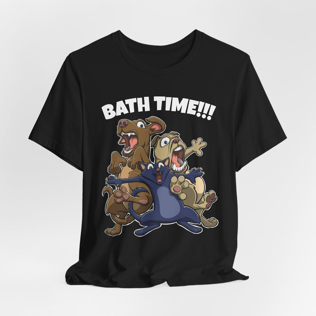 Funny Bath Time Cat & Dogs Cartoon | Unisex Jersey Short Sleeve Tee
