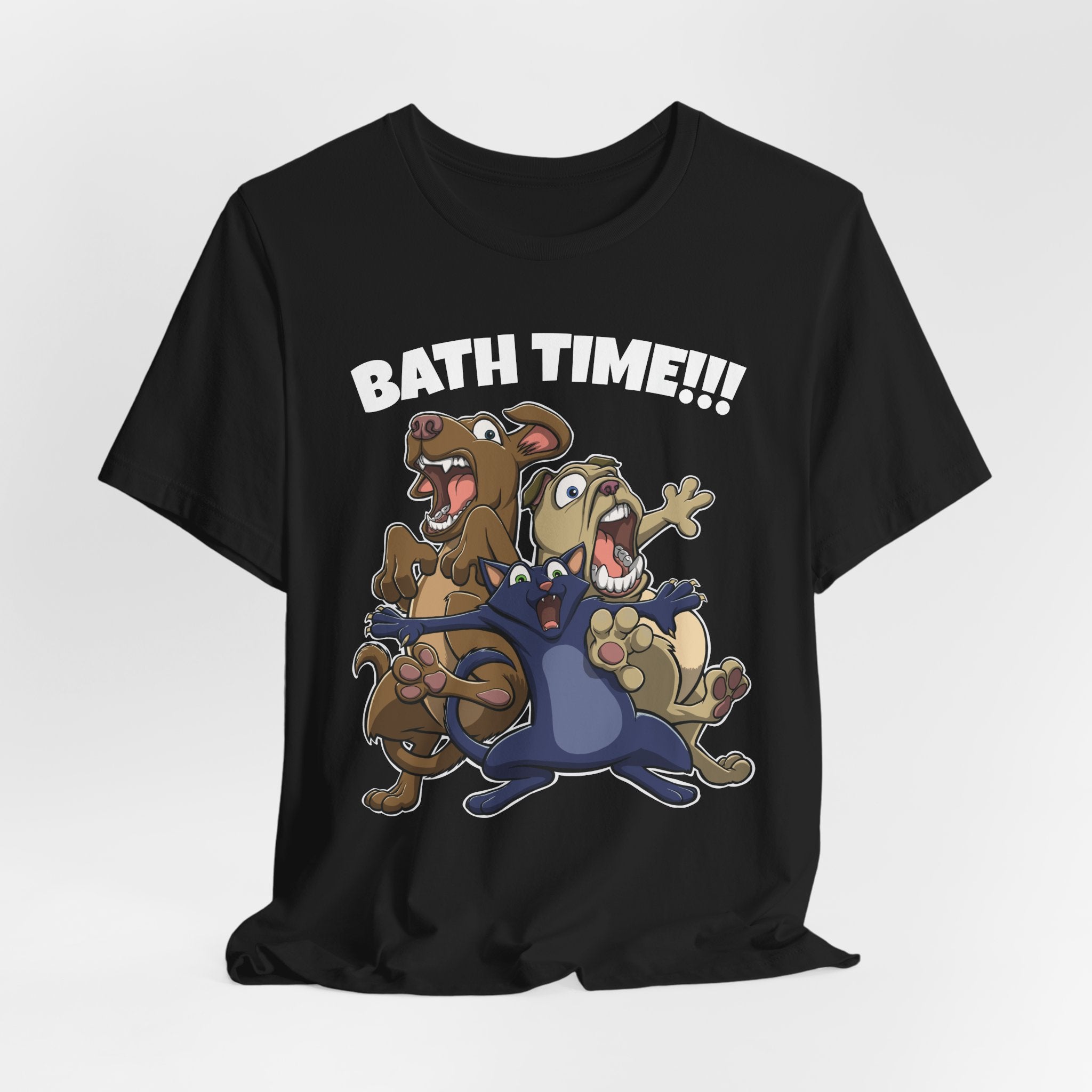 Funny Bath Time Cat & Dogs Cartoon | Unisex Jersey Short Sleeve Tee