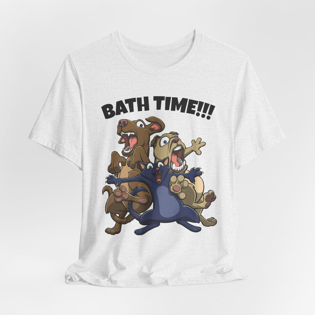 Funny Bath Time Cat & Dogs Cartoon | Unisex Jersey Short Sleeve Tee