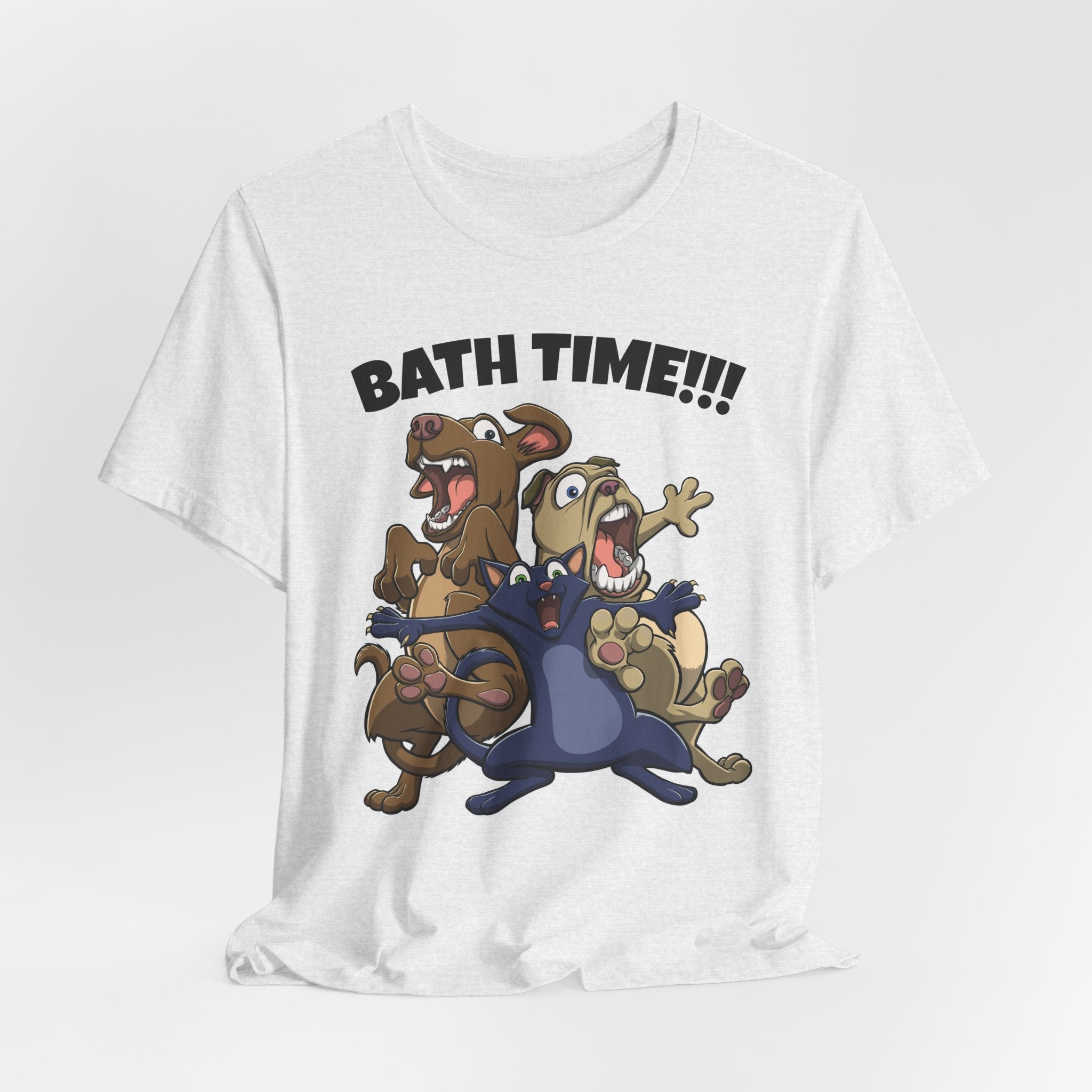 Funny Bath Time Cat & Dogs Cartoon | Unisex Jersey Short Sleeve Tee