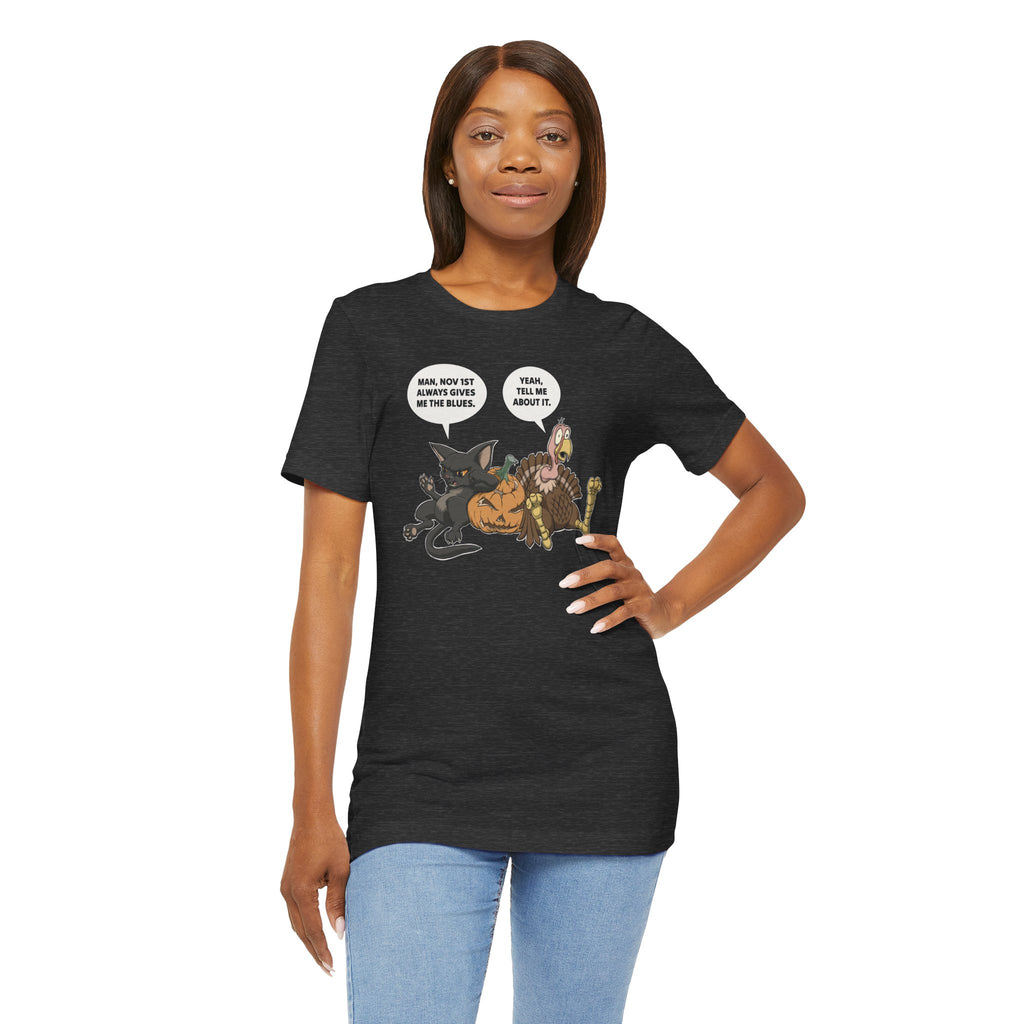 Cartoon Cat & Turkey Discuss the Holidays | T-Shirt | Funny Animal Tee for Men & Women