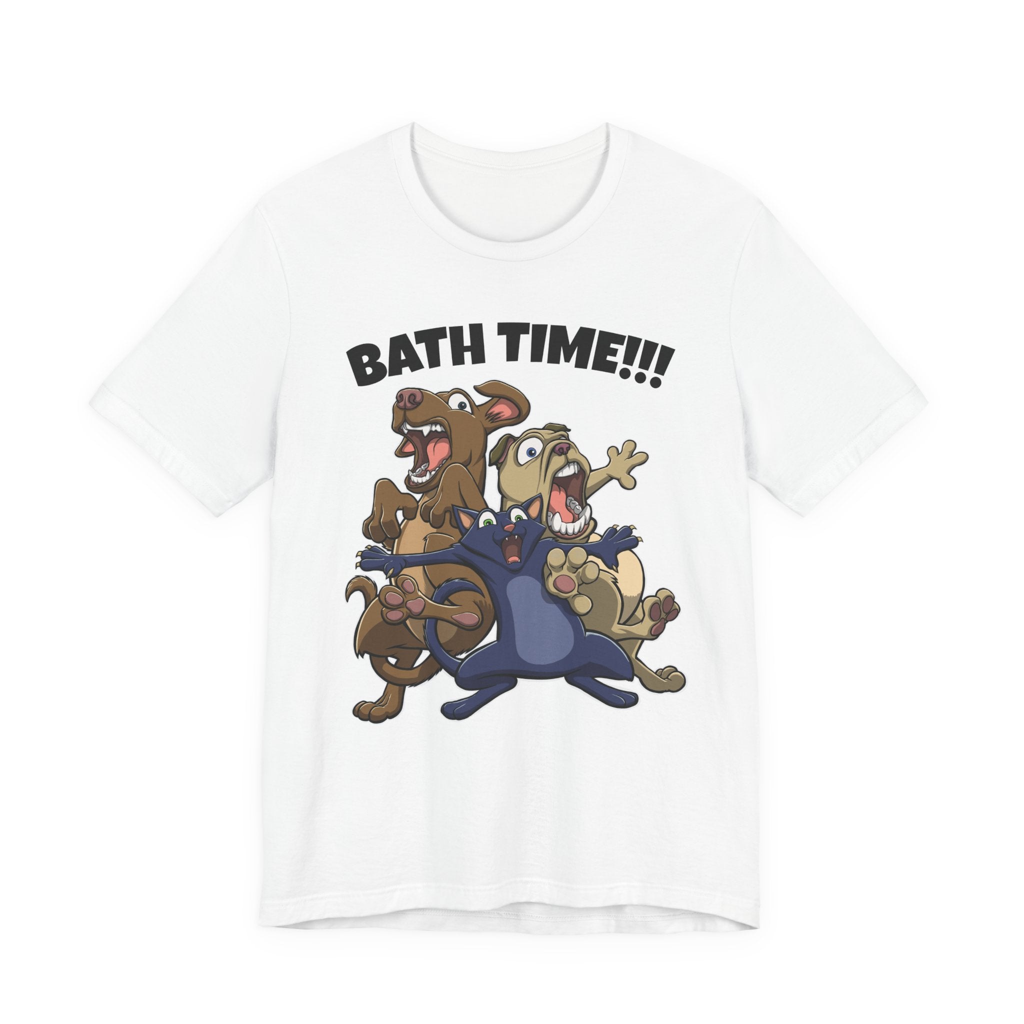 Funny Bath Time Cat & Dogs Cartoon | Unisex Jersey Short Sleeve Tee