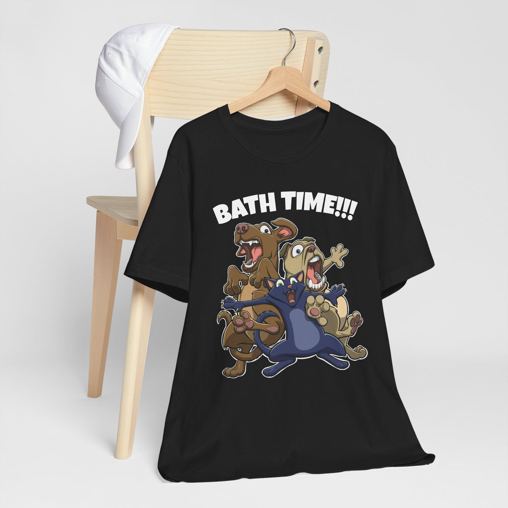 Funny Bath Time Cat & Dogs Cartoon | Unisex Jersey Short Sleeve Tee
