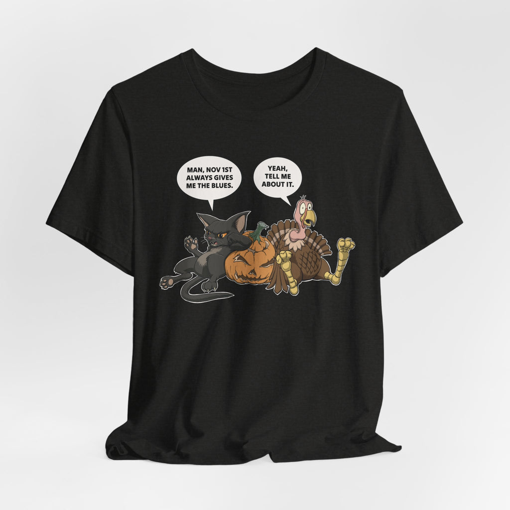 Cartoon Cat & Turkey Discuss the Holidays | T-Shirt | Funny Animal Tee for Men & Women