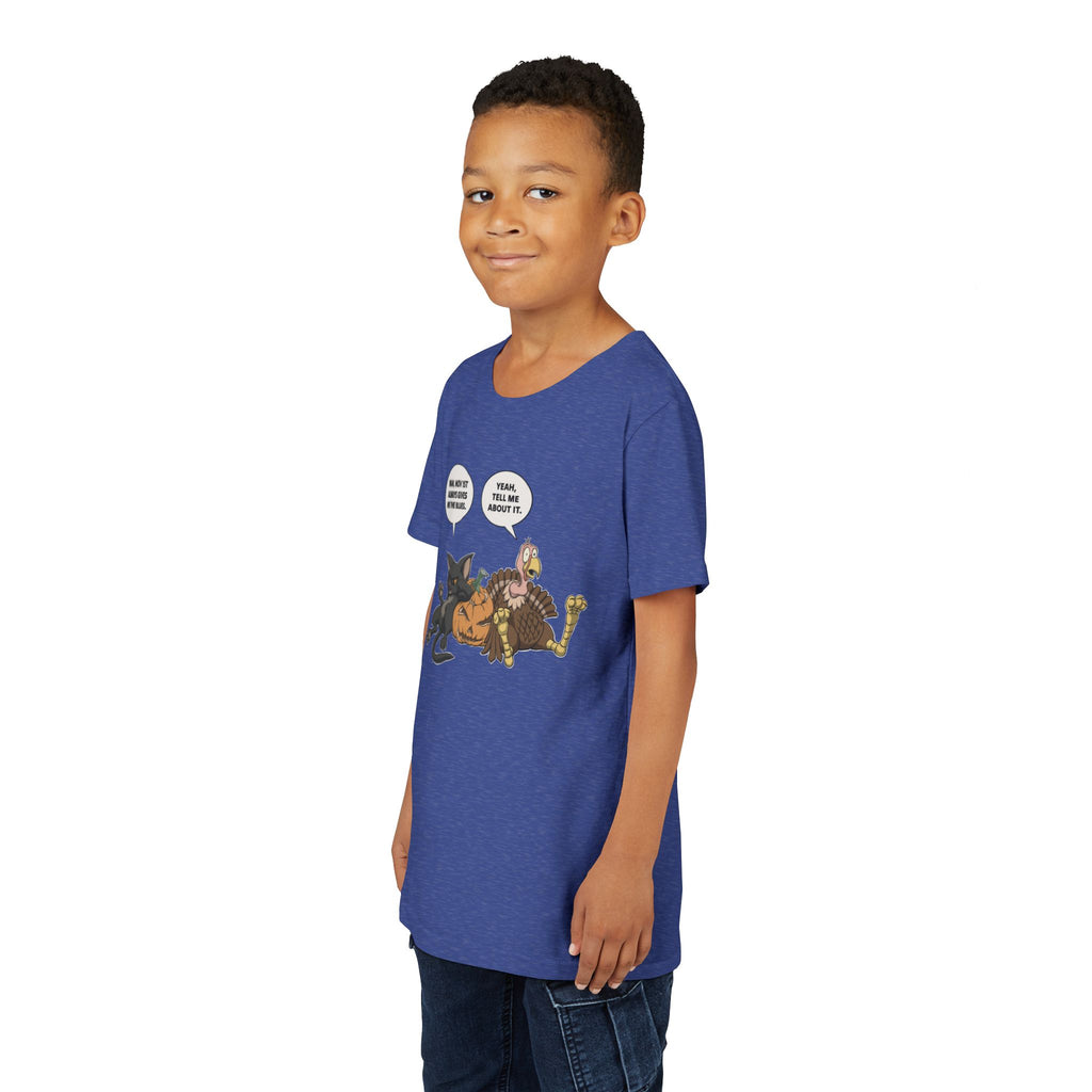 Cartoon Cat & Turkey Discuss the Holidays | Kids T-Shirt | Funny Animal Tee for Boys & Girls