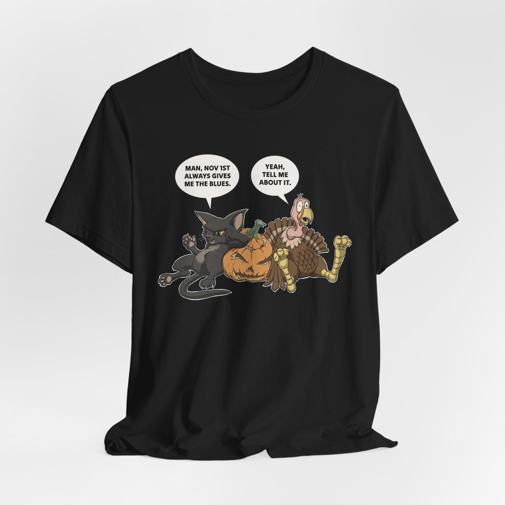 Cartoon Cat & Turkey Discuss the Holidays | T-Shirt | Funny Animal Tee for Men & Women