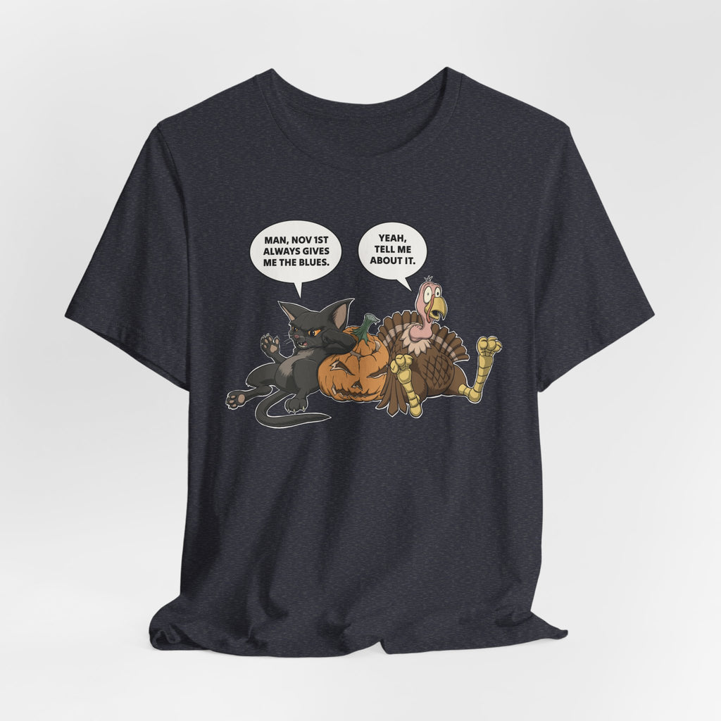 Cartoon Cat & Turkey Discuss the Holidays | T-Shirt | Funny Animal Tee for Men & Women