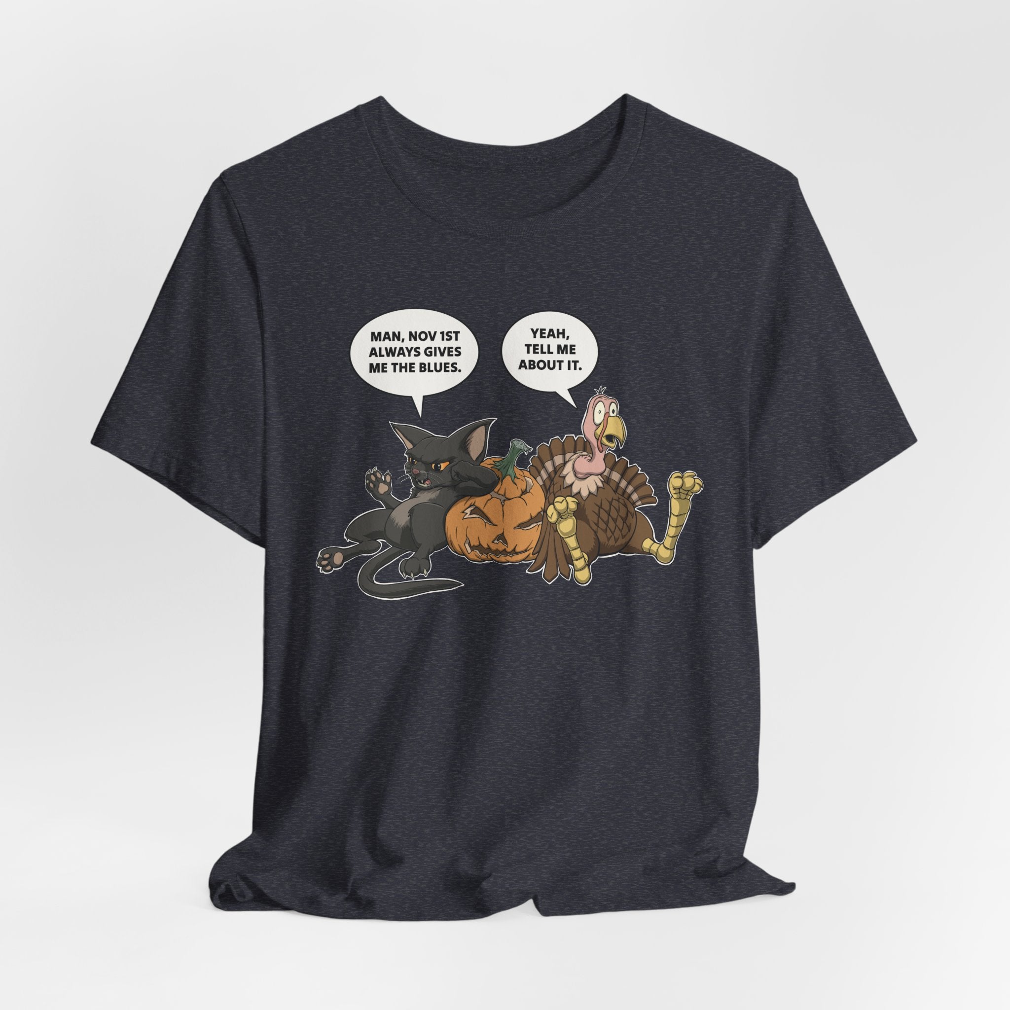 Cartoon Cat & Turkey Discuss the Holidays | T-Shirt | Funny Animal Tee for Men & Women