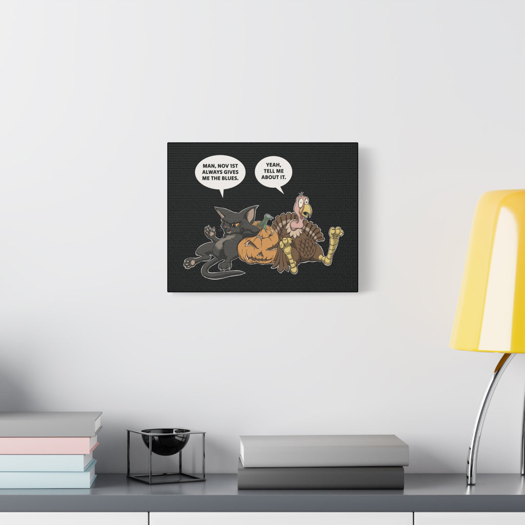Cat & Turkey Discuss the Holidays | Funny Animal Canvas Print