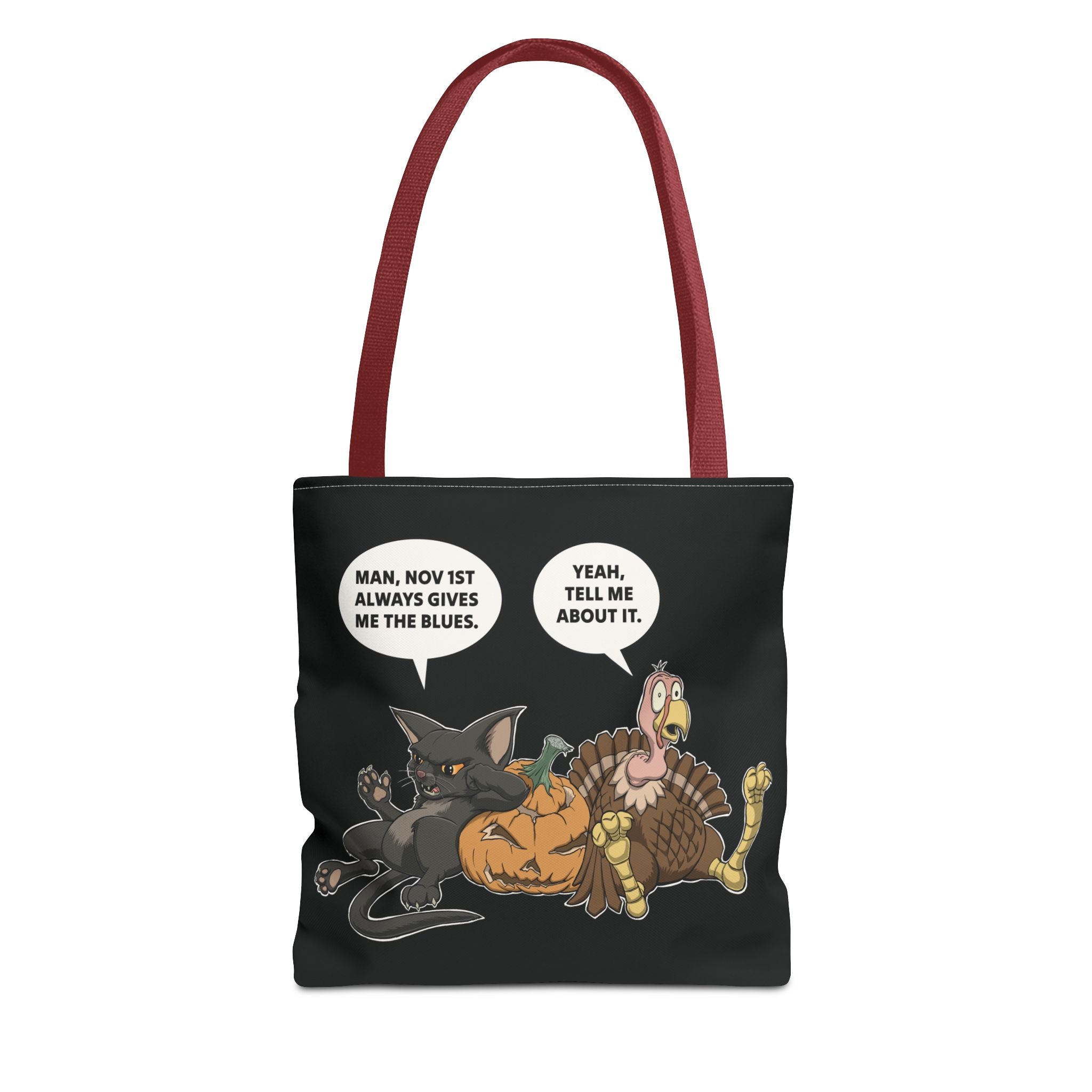 Cartoon Cat & Turkey Discuss the Holidays | Tote Bag | Funny Design Bag for Halloween Lovers