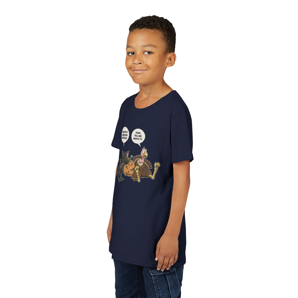 Cartoon Cat & Turkey Discuss the Holidays | Kids T-Shirt | Funny Animal Tee for Boys & Girls