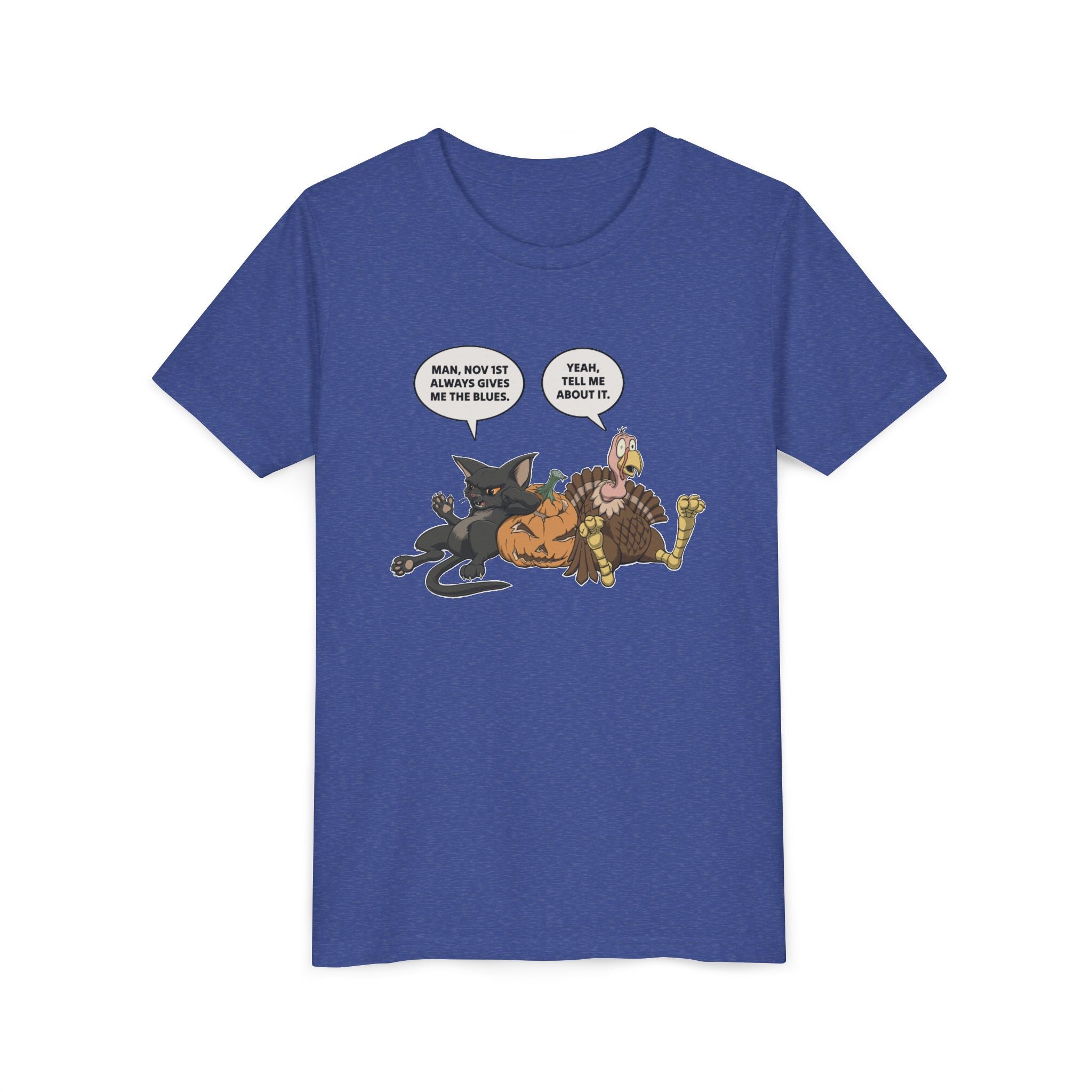 Cartoon Cat & Turkey Discuss the Holidays | Kids T-Shirt | Funny Animal Tee for Boys & Girls