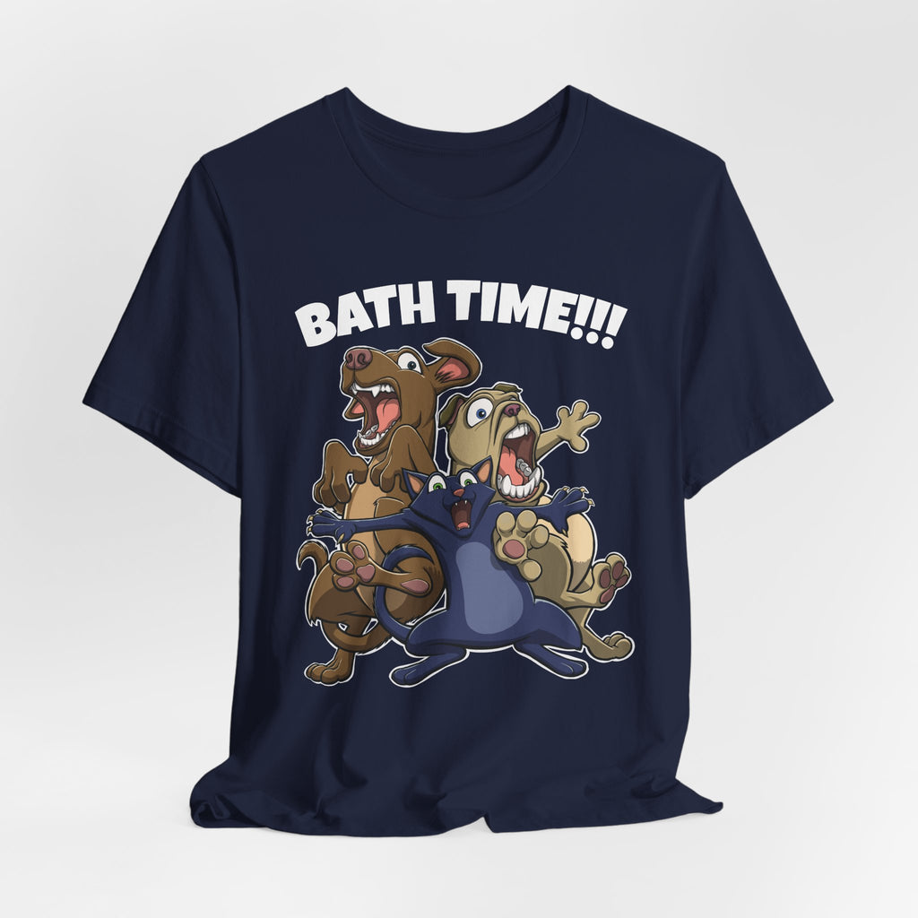 Funny Bath Time Cat & Dogs Cartoon | Unisex Jersey Short Sleeve Tee