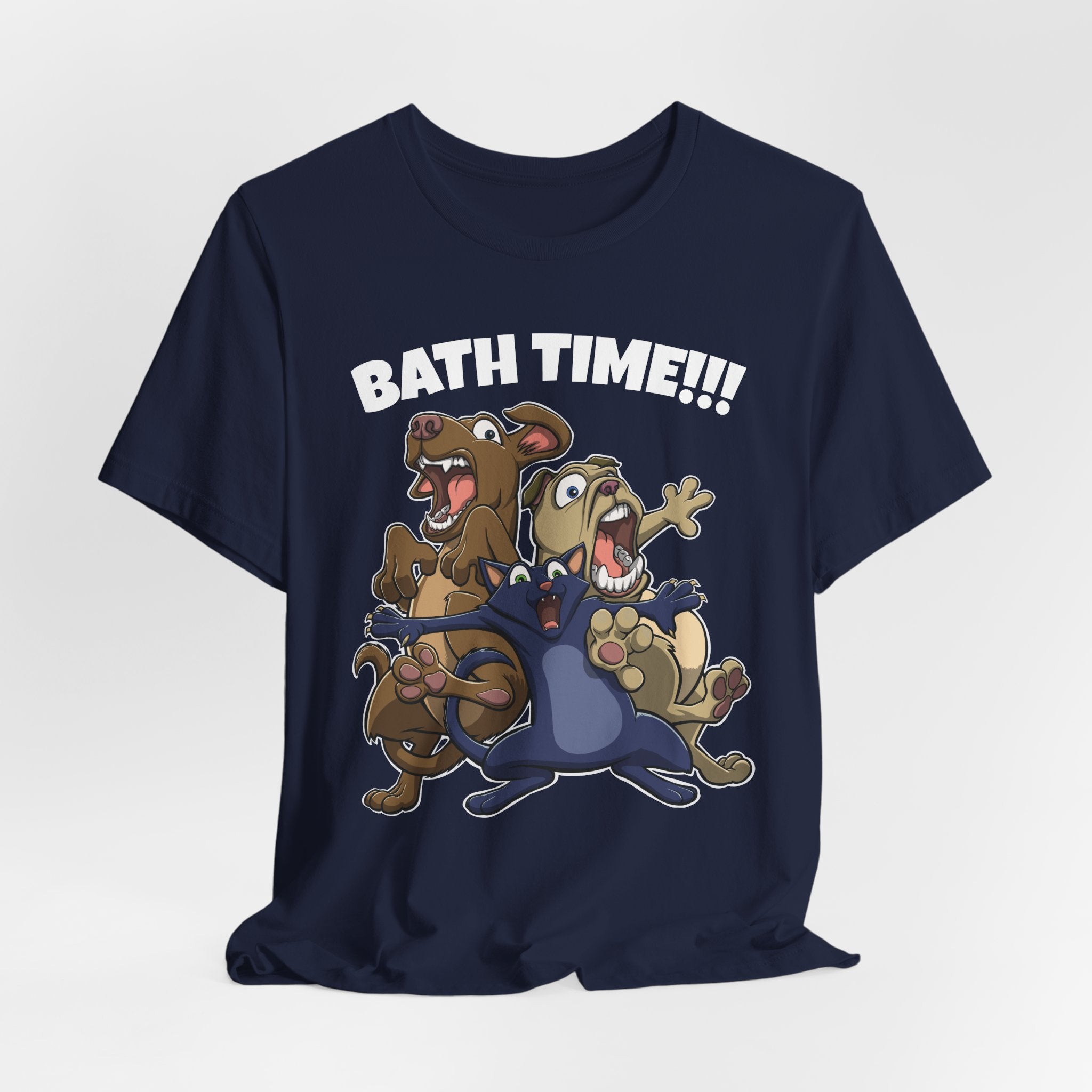 Funny Bath Time Cat & Dogs Cartoon | Unisex Jersey Short Sleeve Tee