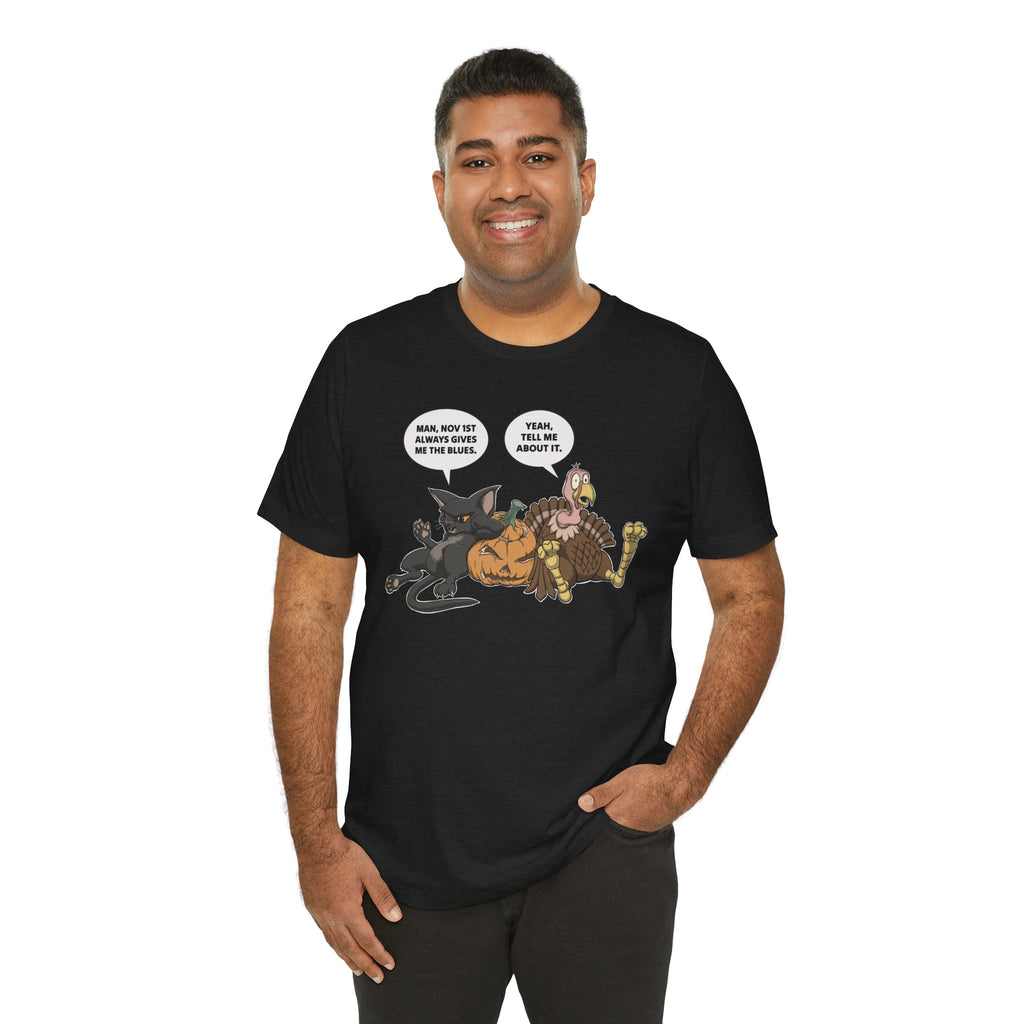 Cartoon Cat & Turkey Discuss the Holidays | T-Shirt | Funny Animal Tee for Men & Women