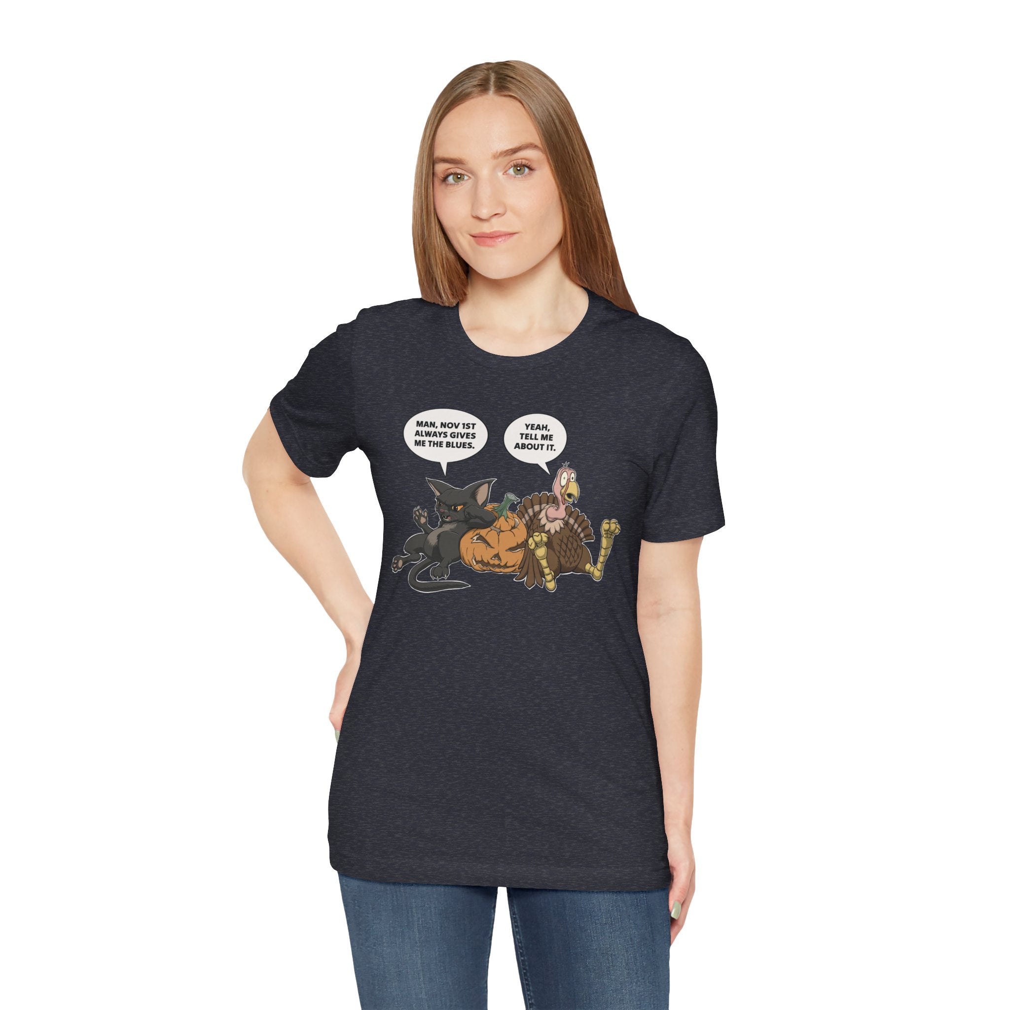 Cartoon Cat & Turkey Discuss the Holidays | T-Shirt | Funny Animal Tee for Men & Women