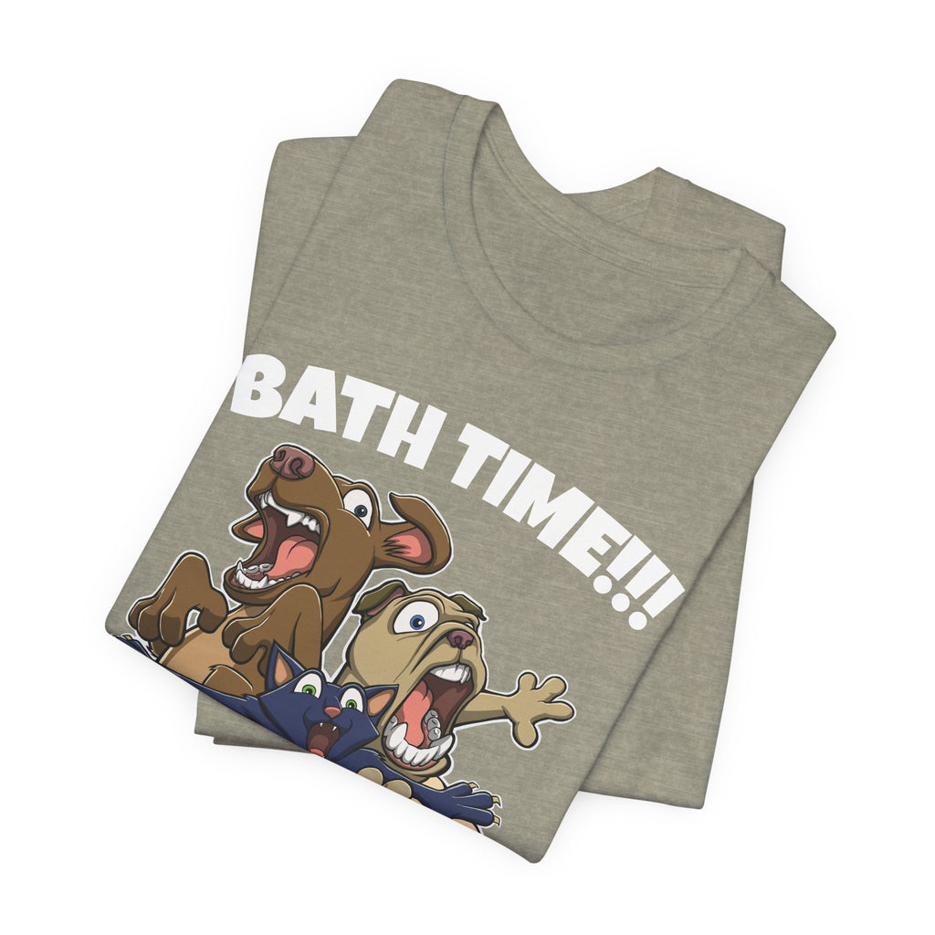Funny Bath Time Cat & Dogs Cartoon | Unisex Jersey Short Sleeve Tee
