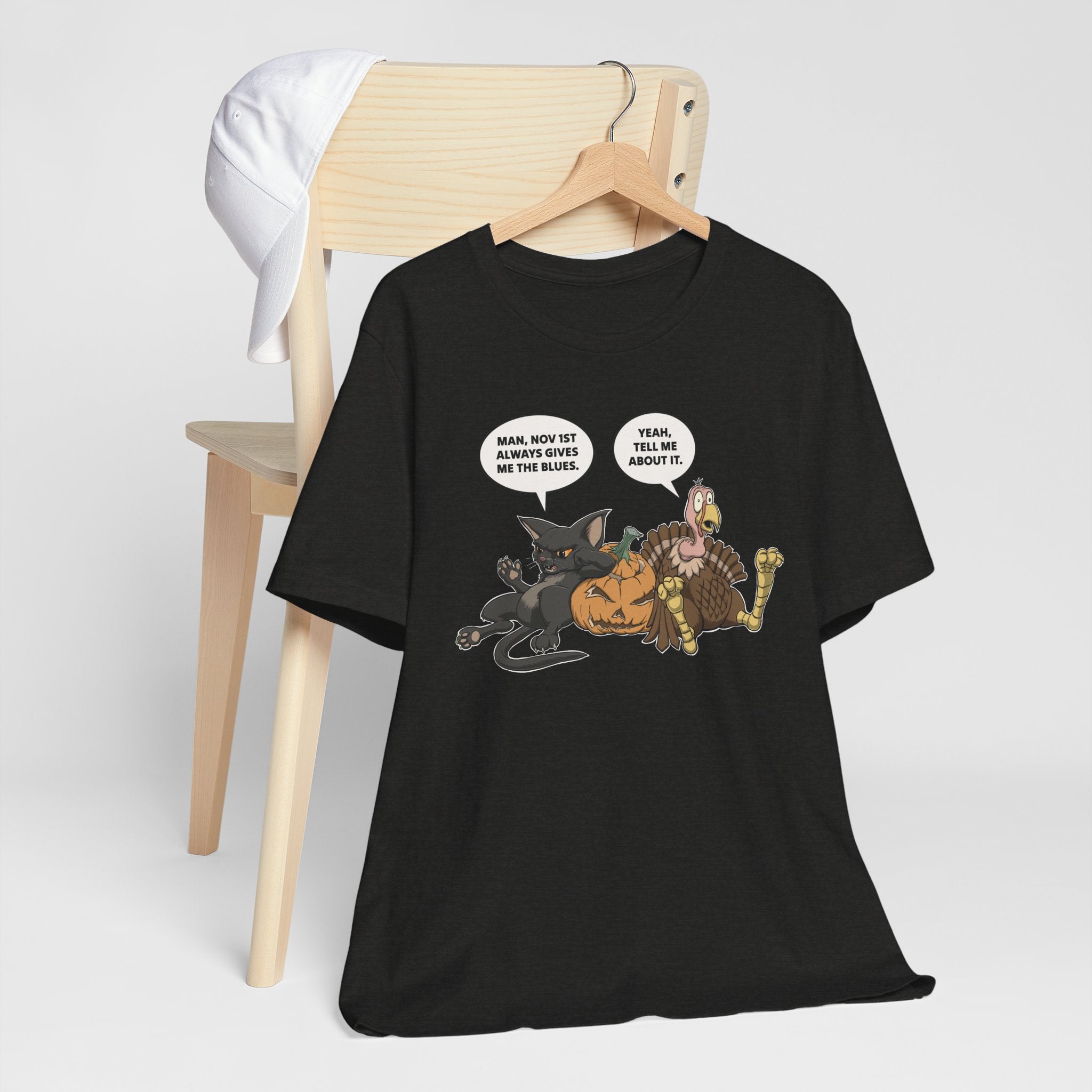 Cartoon Cat & Turkey Discuss the Holidays | T-Shirt | Funny Animal Tee for Men & Women