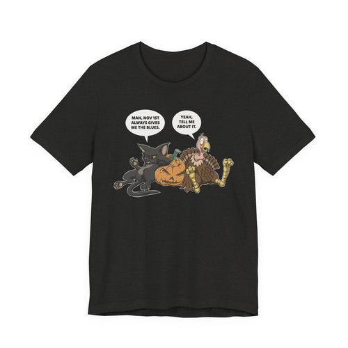 Cartoon Cat & Turkey Discuss the Holidays | T-Shirt | Funny Animal Tee for Men & Women