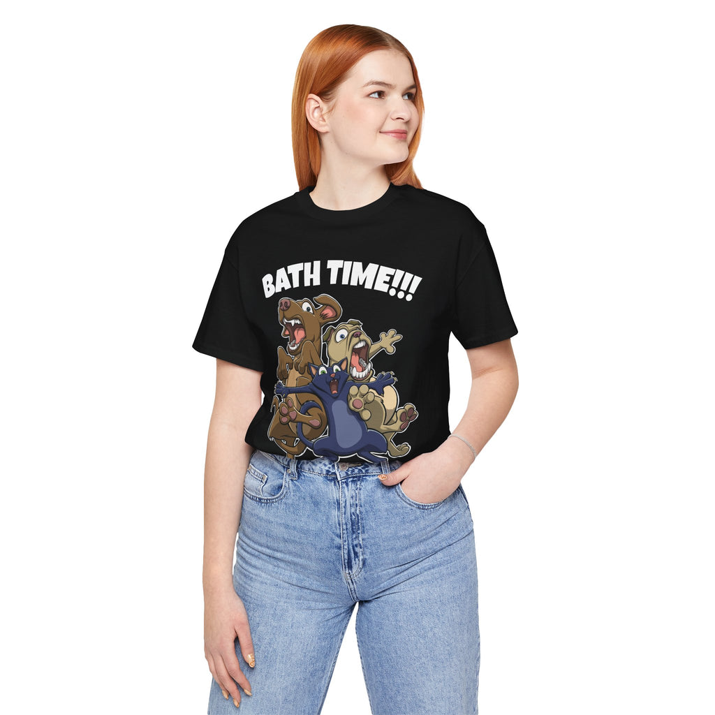 Funny Bath Time Cat & Dogs Cartoon | Unisex Jersey Short Sleeve Tee