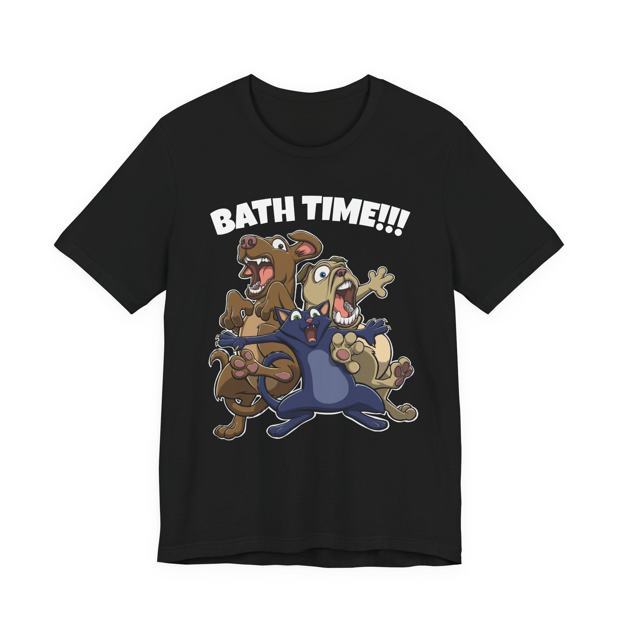 Funny Bath Time Cat & Dogs Cartoon | Unisex Jersey Short Sleeve Tee