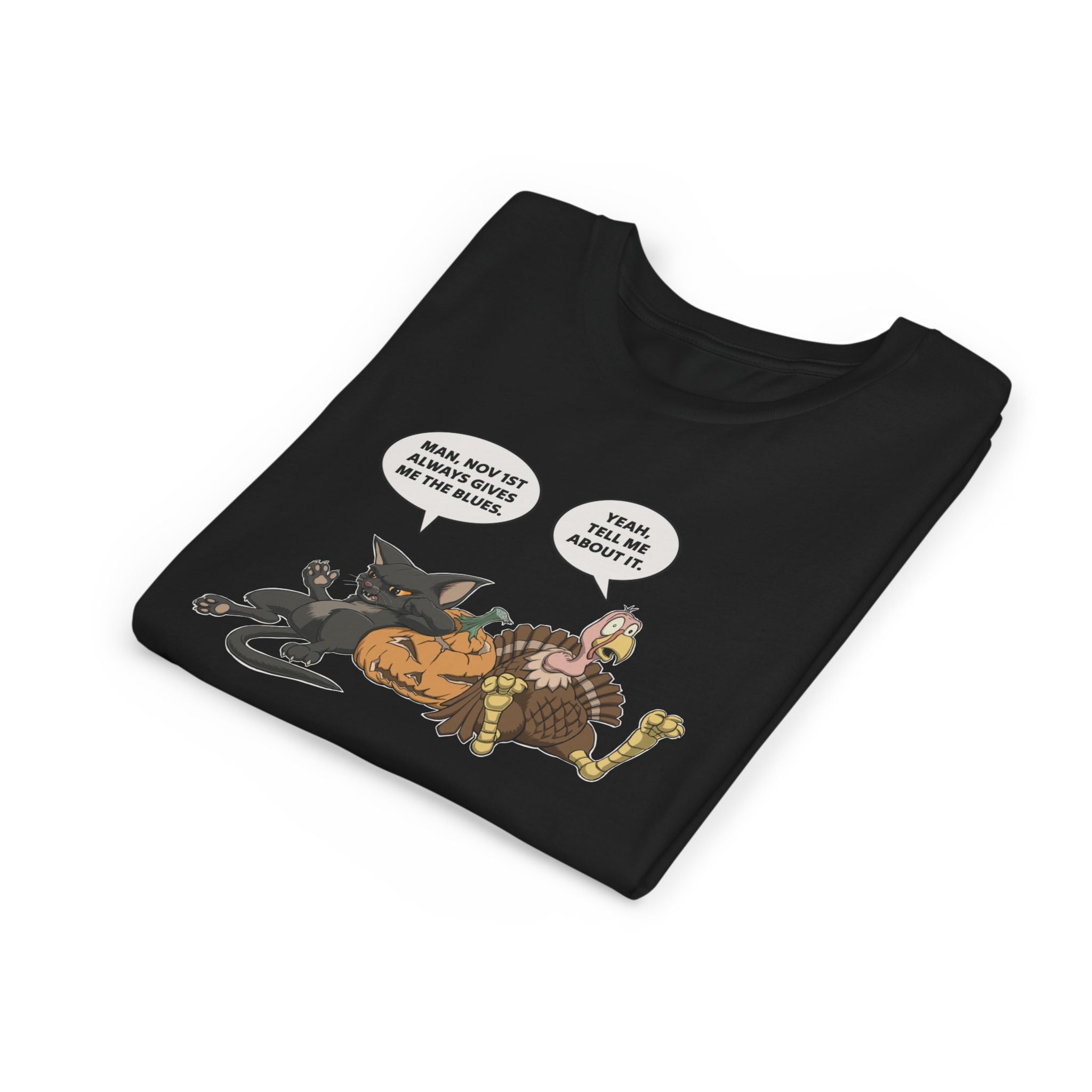 Cartoon Cat & Turkey Discuss the Holidays | Kids T-Shirt | Funny Animal Tee for Boys & Girls